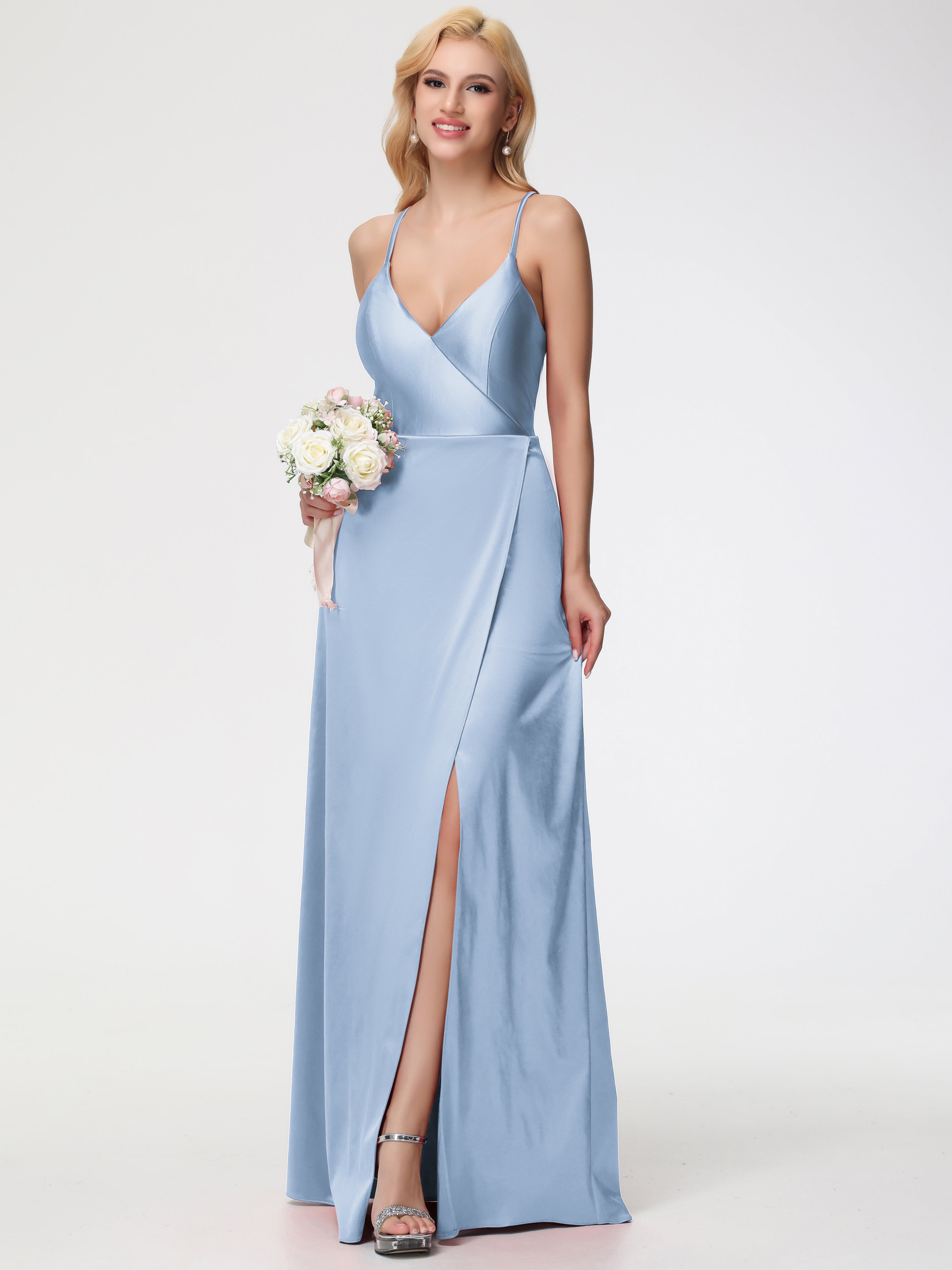 Robes De Demoiselle D'Honneur Bleu Ciel Bretelles Croisées Col V Fendue Satin Extensible Robe De Demoiselle D'Honneur