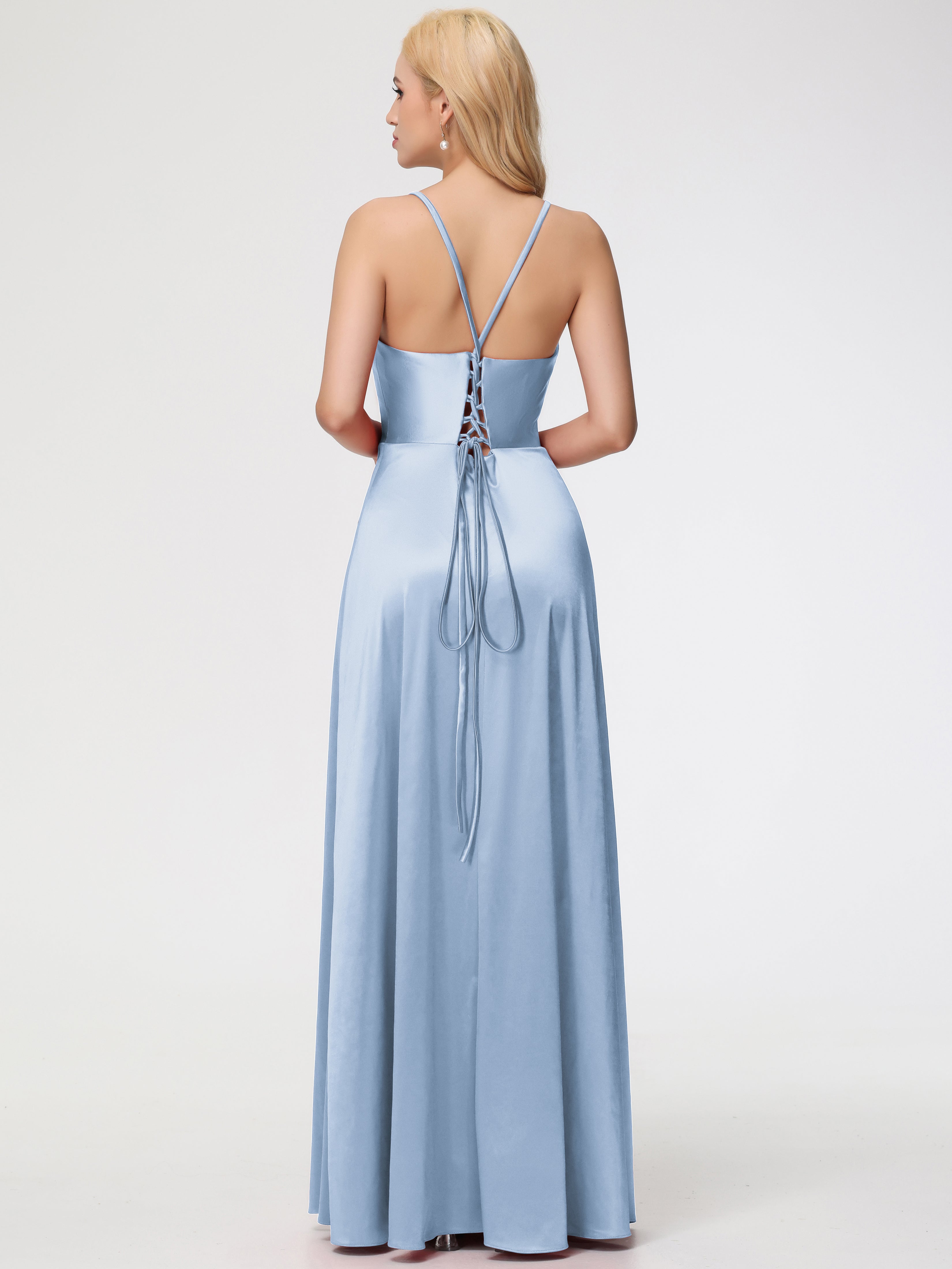 Robes De Demoiselle D'Honneur Bleu Ciel Bretelles Croisées Col V Fendue Satin Extensible Robe De Demoiselle D'Honneur