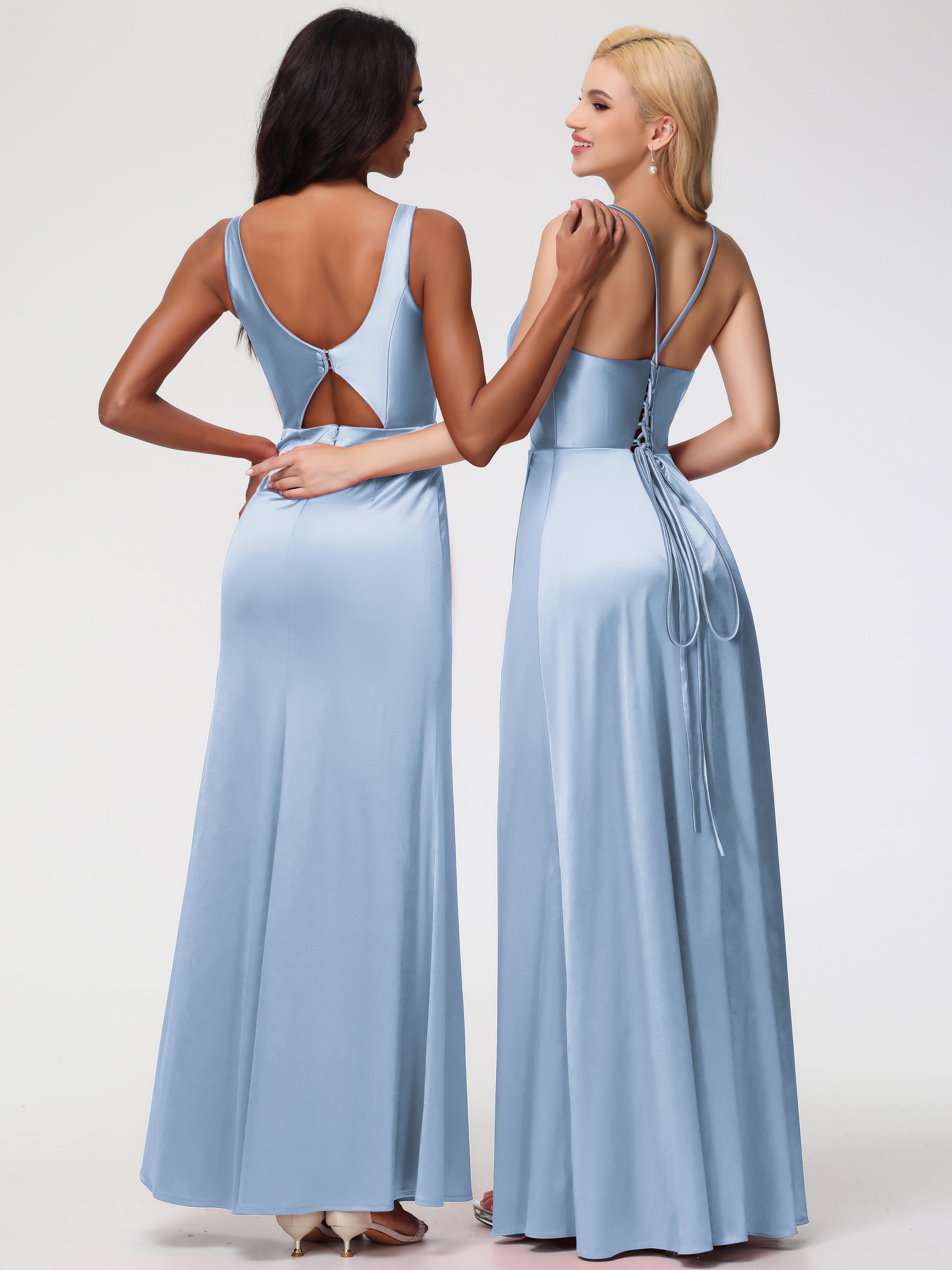 Robes De Demoiselle D'Honneur Bleu Ciel Bretelles Croisées Col V Fendue Satin Extensible Robe De Demoiselle D'Honneur