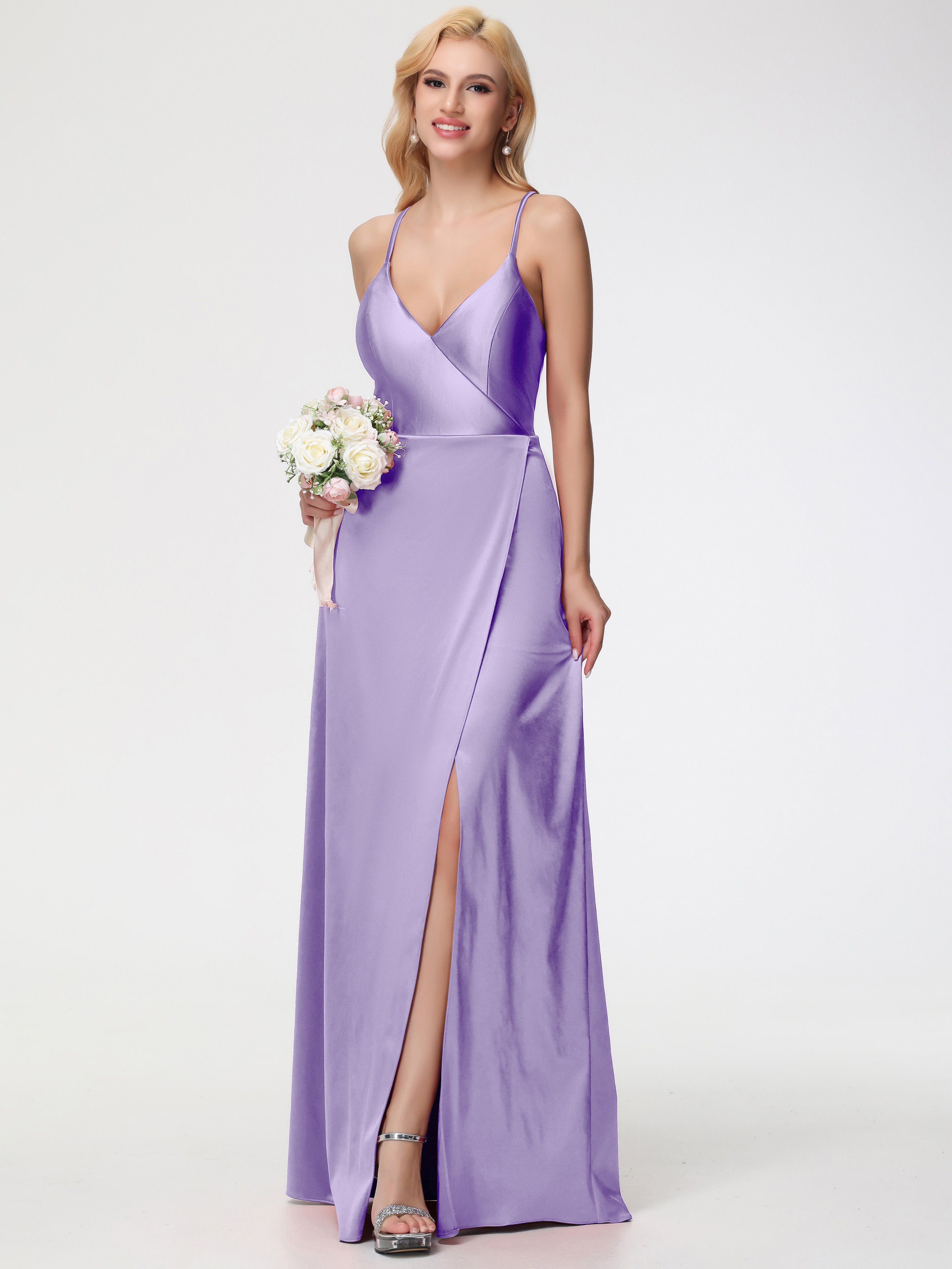 Robes De Demoiselle D'Honneur Tahiti Bretelles Croisées Col V Fendue Satin Extensible Robe De Demoiselle D'Honneur