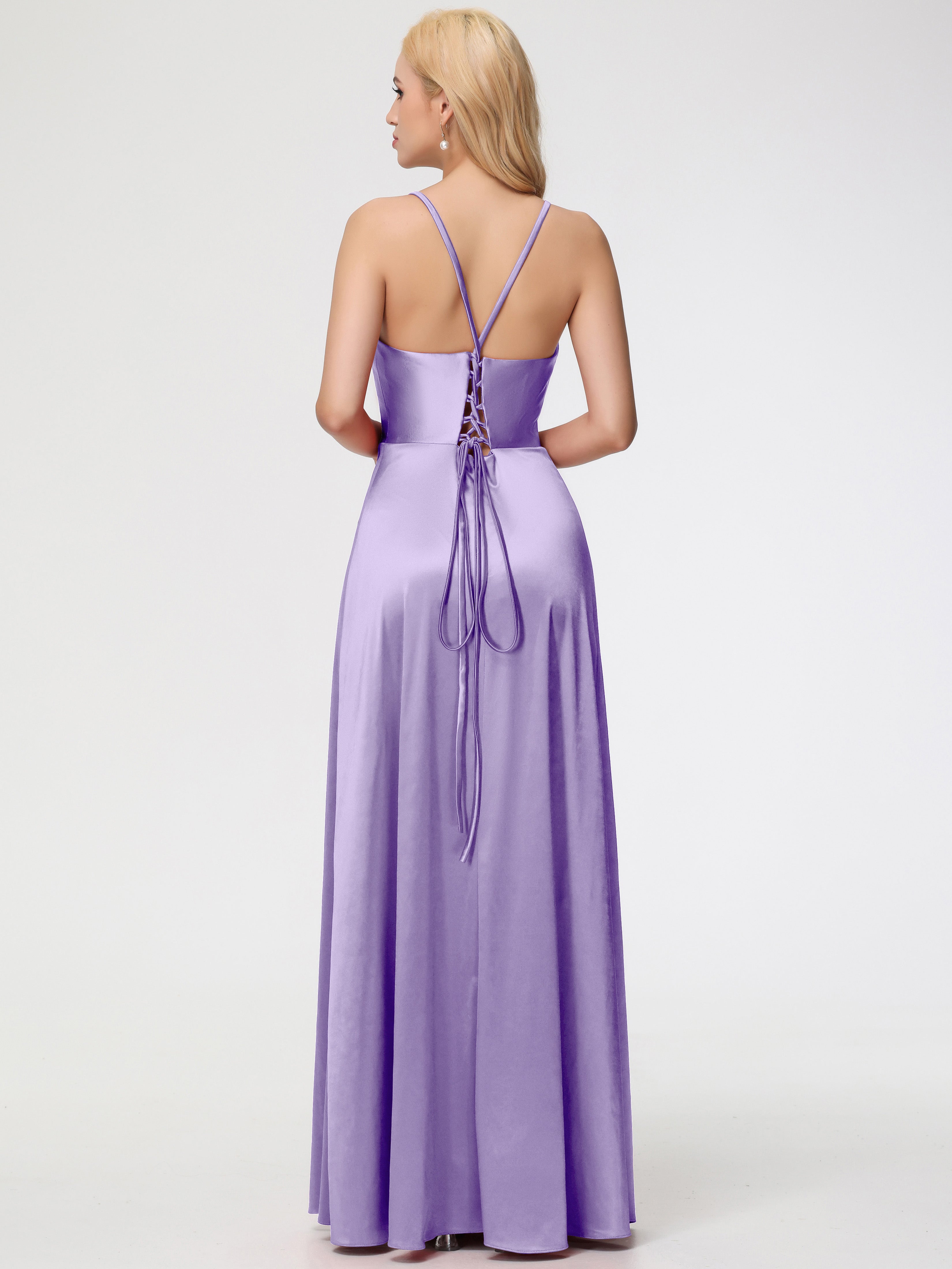 Robes De Demoiselle D'Honneur Tahiti Bretelles Croisées Col V Fendue Satin Extensible Robe De Demoiselle D'Honneur