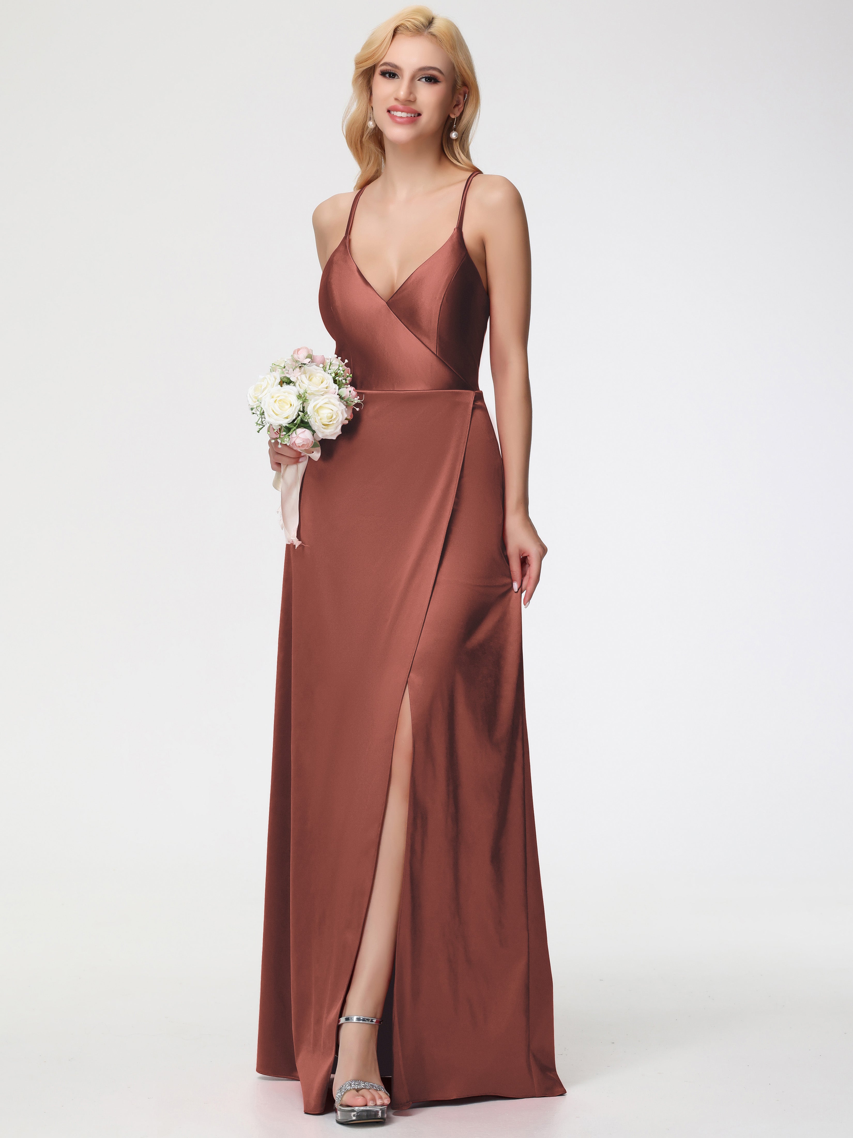 Robes De Demoiselle D'Honneur En Terre Cuite Bretelles Croisées Col V Fendue Satin Extensible Robe De Demoiselle D'Honneur
