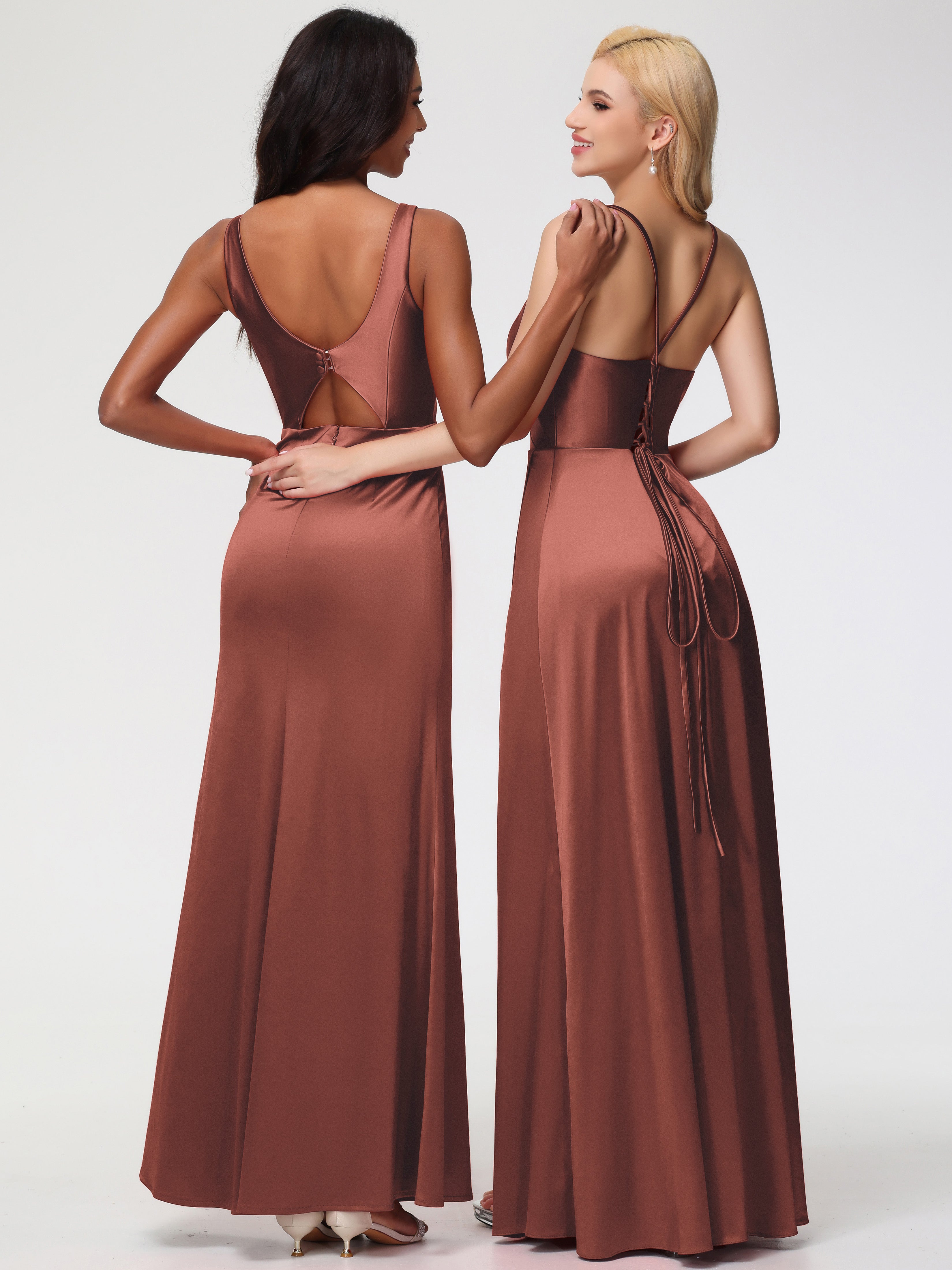 Robes De Demoiselle D'Honneur En Terre Cuite Bretelles Croisées Col V Fendue Satin Extensible Robe De Demoiselle D'Honneur
