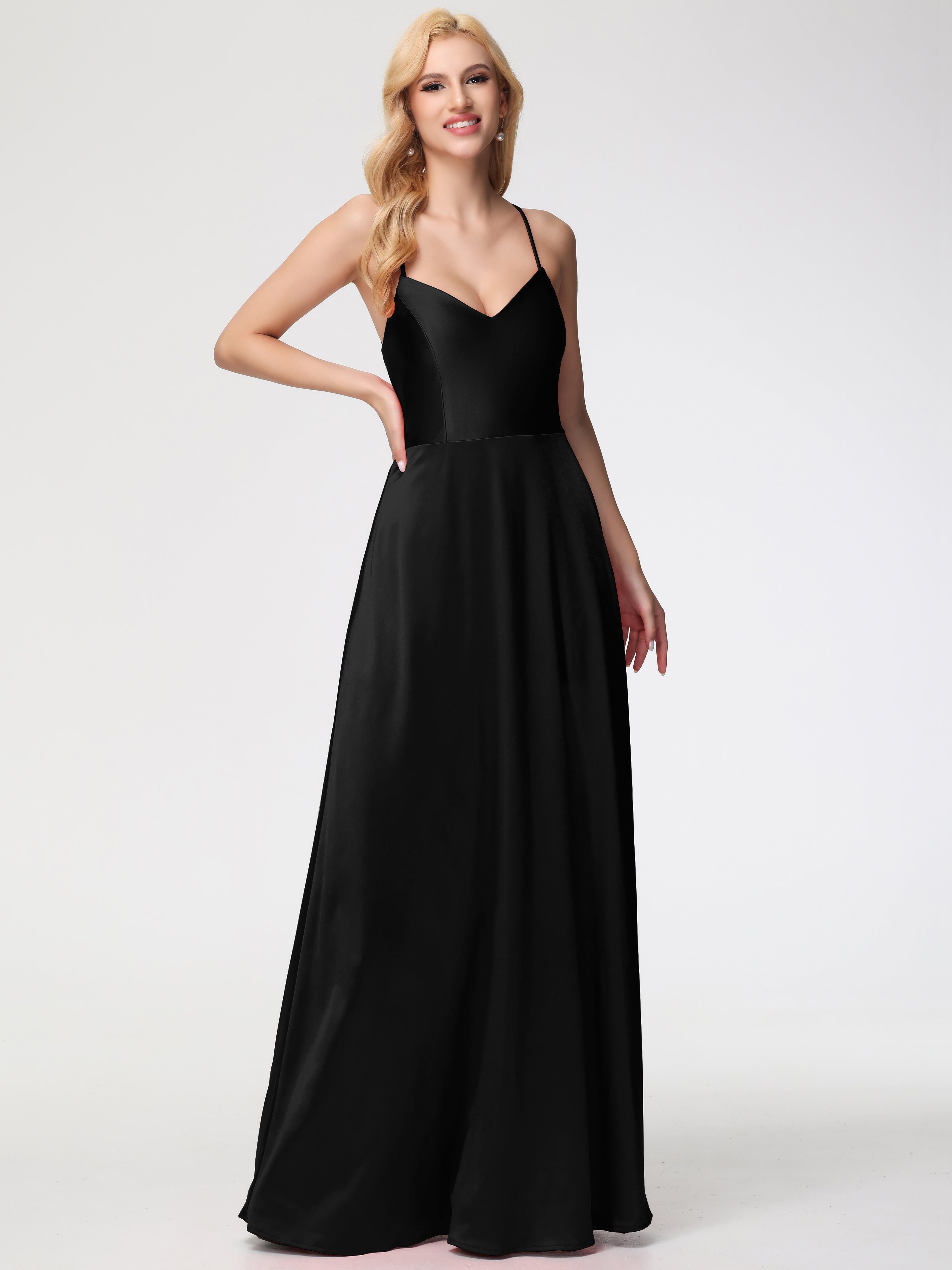 Robes De Demoiselle D'Honneur Noires Bon Marché Col V Bretelles Croisées Satin Extensible Robe De Demoiselle D'Honneur Robe Plissée