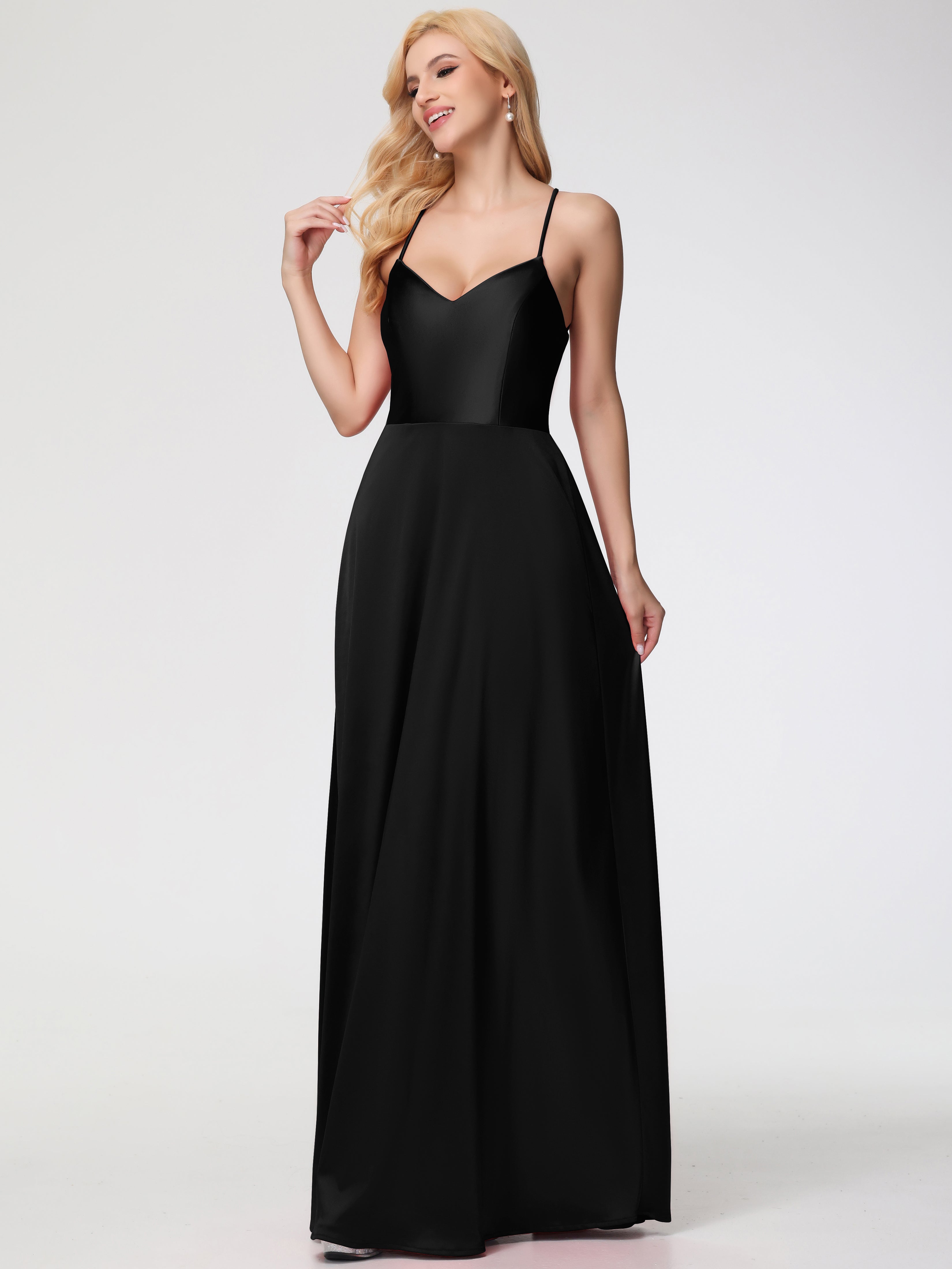 Robes De Demoiselle D'Honneur Noires Bon Marché Col V Bretelles Croisées Satin Extensible Robe De Demoiselle D'Honneur Robe Plissée