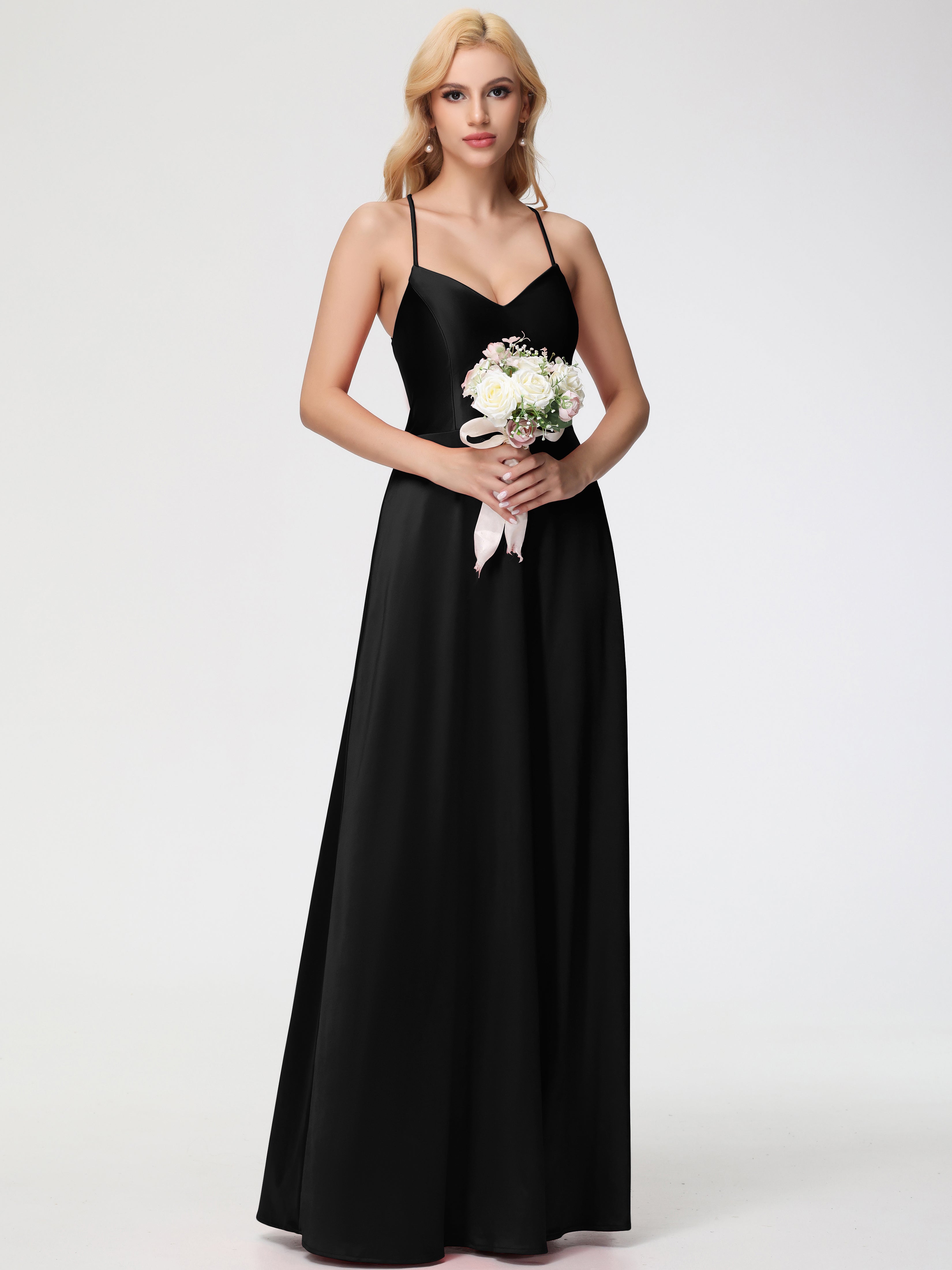 Robes De Demoiselle D'Honneur Noires Bon Marché Col V Bretelles Croisées Satin Extensible Robe De Demoiselle D'Honneur Robe Plissée