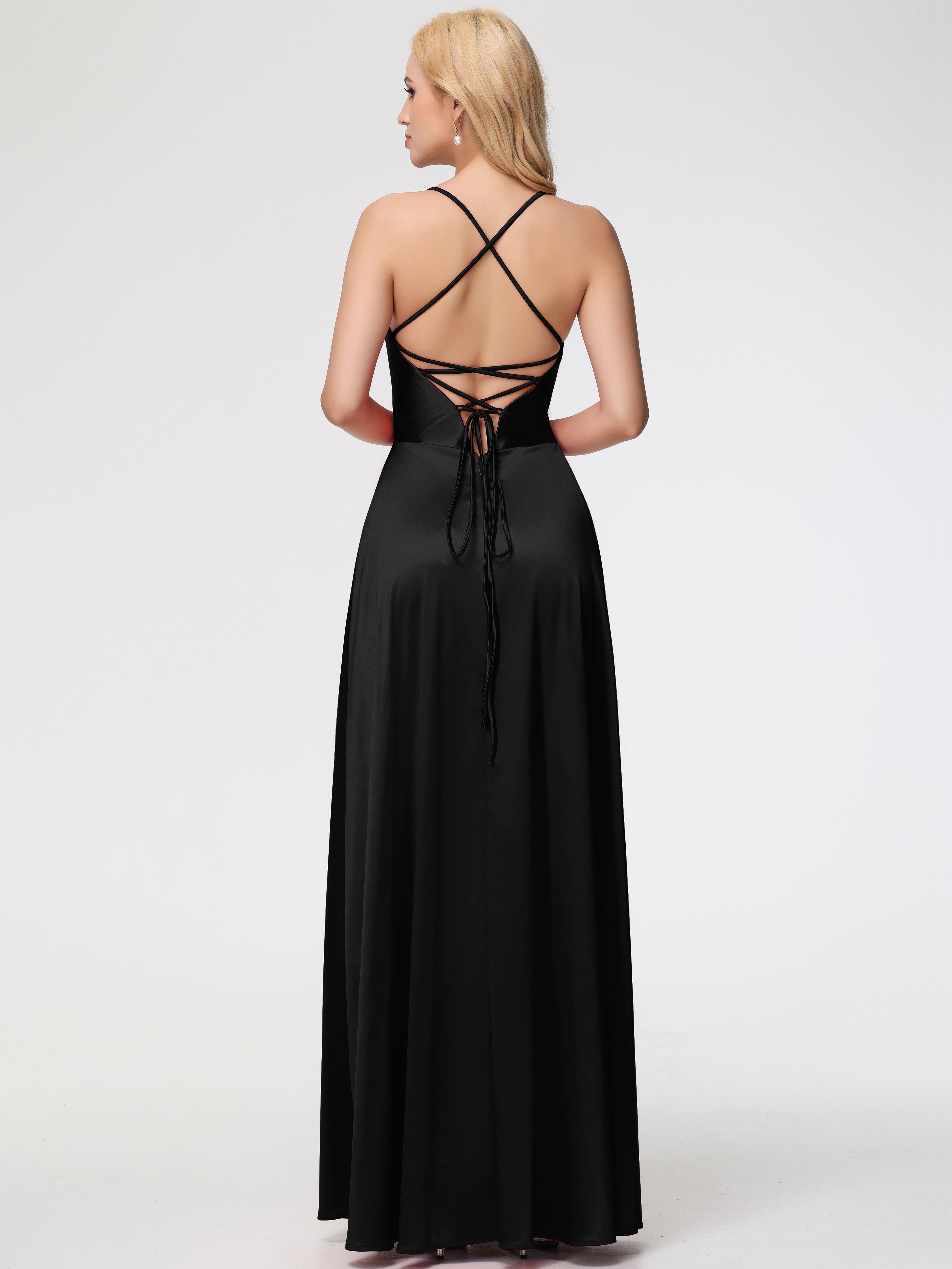 Robes De Demoiselle D'Honneur Noires Bon Marché Col V Bretelles Croisées Satin Extensible Robe De Demoiselle D'Honneur Robe Plissée
