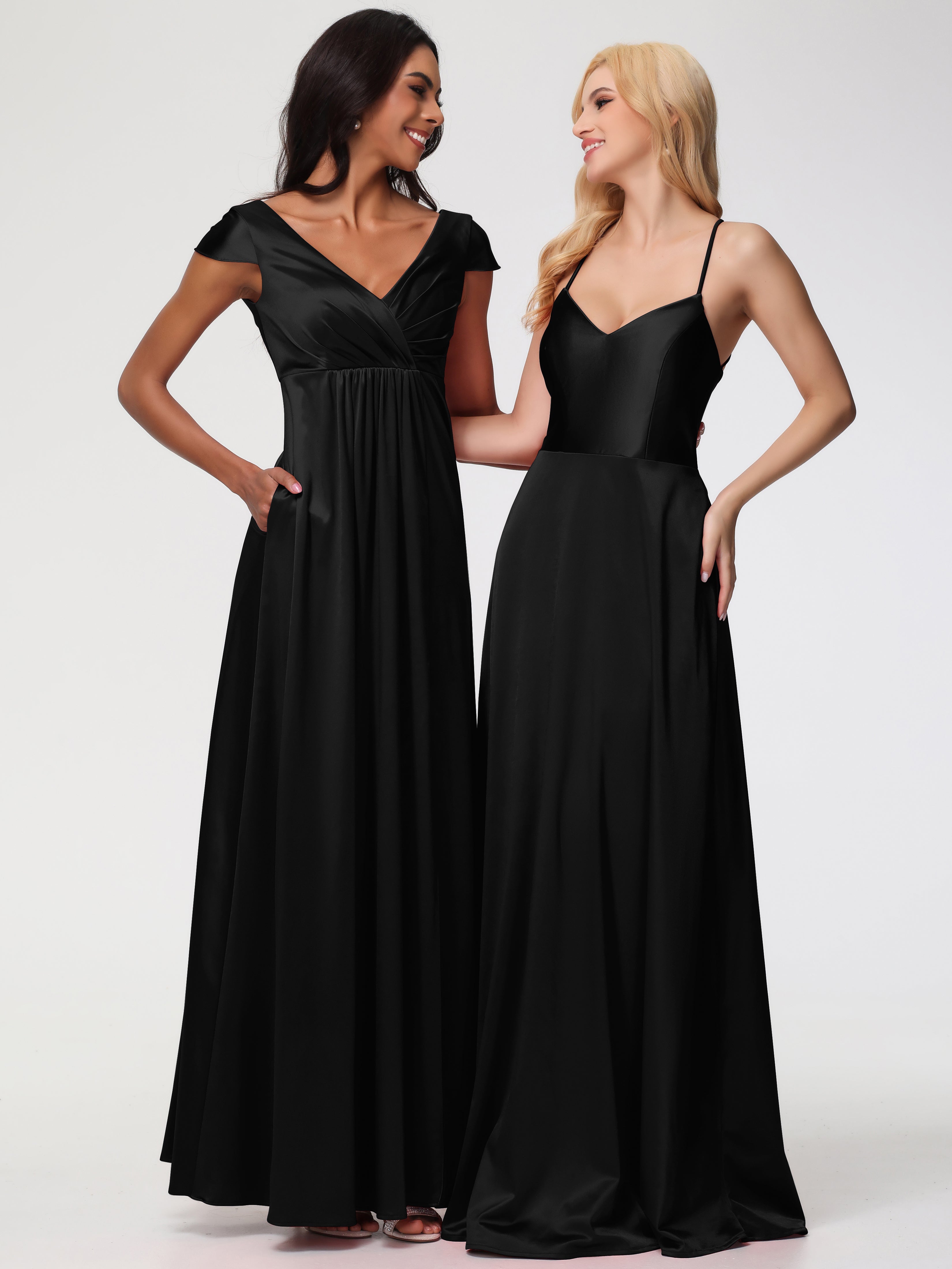 Robes De Demoiselle D'Honneur Noires Bon Marché Col V Bretelles Croisées Satin Extensible Robe De Demoiselle D'Honneur Robe Plissée