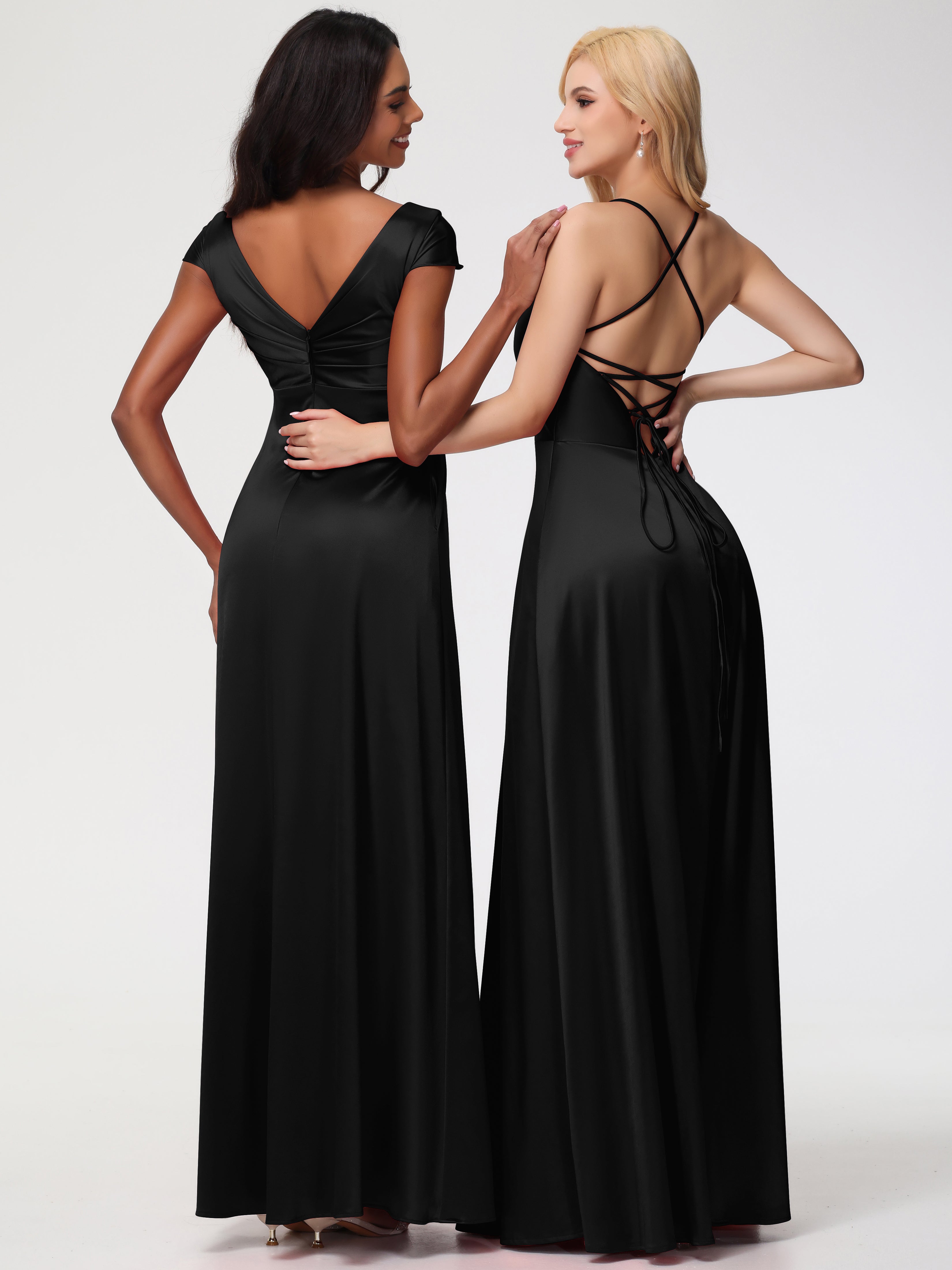Robes De Demoiselle D'Honneur Noires Bon Marché Col V Bretelles Croisées Satin Extensible Robe De Demoiselle D'Honneur Robe Plissée
