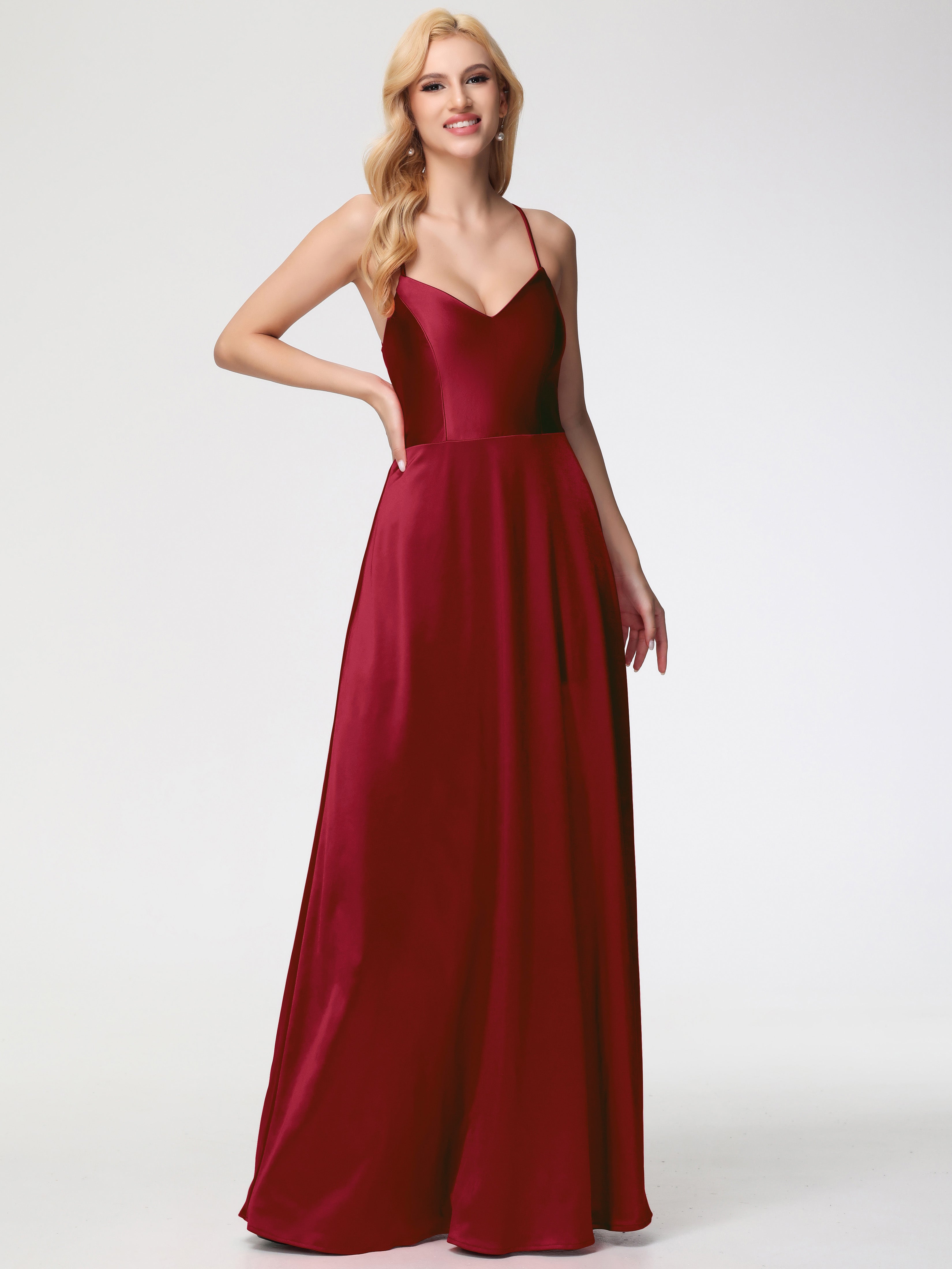 Robes De Demoiselle D'Honneur Bordeaux à Moins De 100 $ Col V Bretelles Croisées Satin Extensible Robe De Demoiselle D'Honneur Robe Plissée