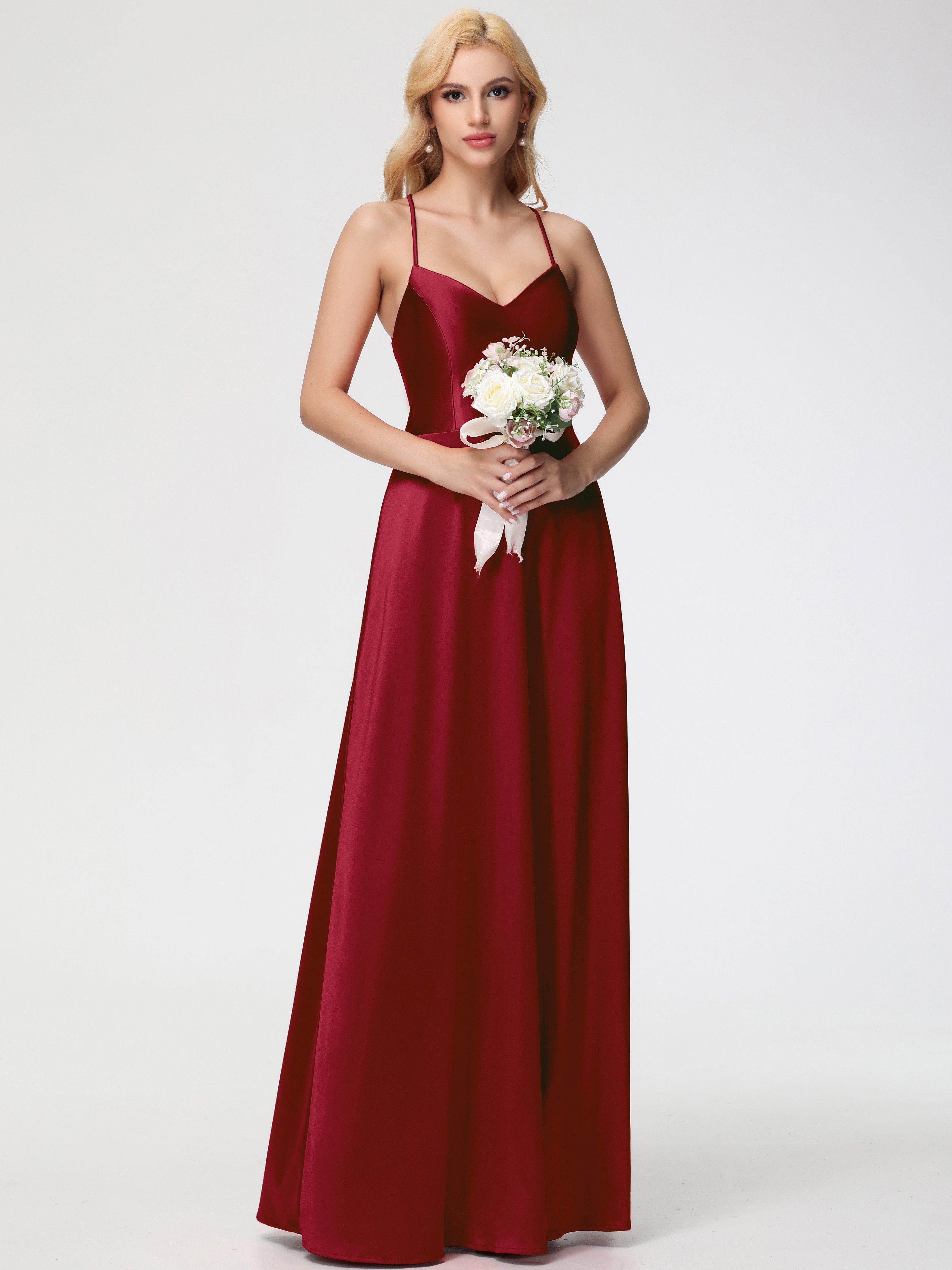 Robes De Demoiselle D'Honneur Bordeaux à Moins De 100 $ Col V Bretelles Croisées Satin Extensible Robe De Demoiselle D'Honneur Robe Plissée