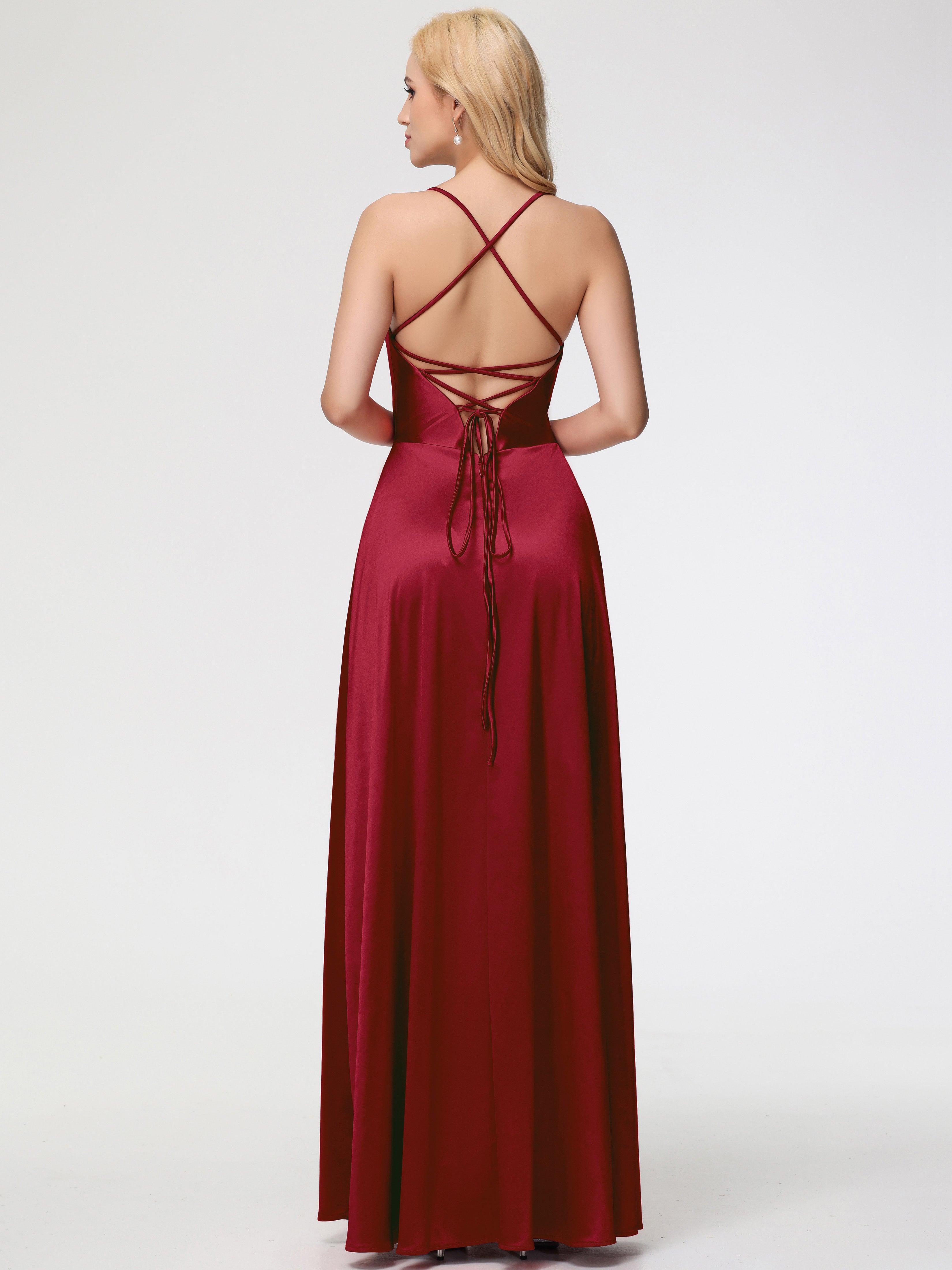 Robes De Demoiselle D'Honneur Bordeaux à Moins De 100 $ Col V Bretelles Croisées Satin Extensible Robe De Demoiselle D'Honneur Robe Plissée