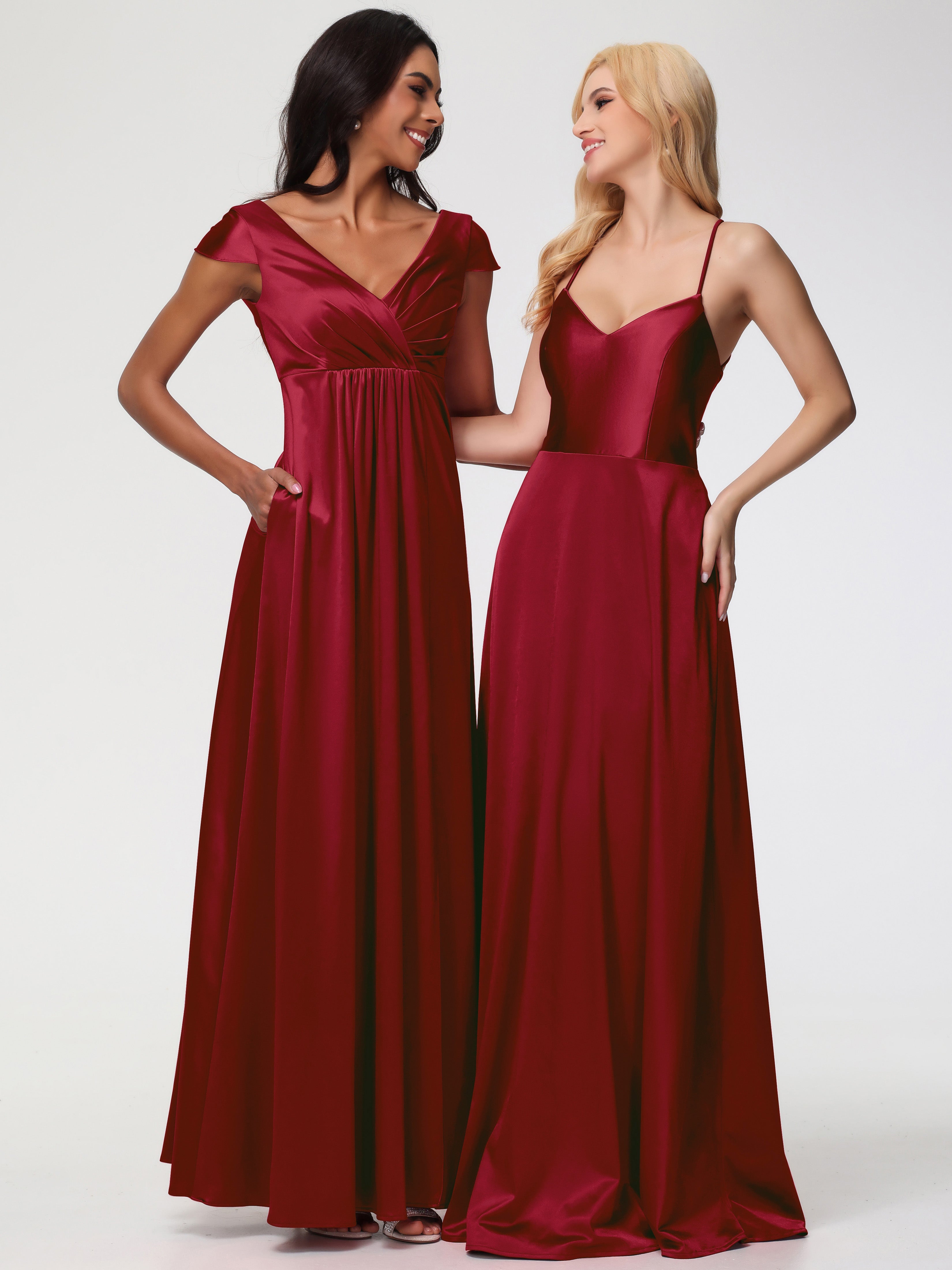 Robes De Demoiselle D'Honneur Bordeaux à Moins De 100 $ Col V Bretelles Croisées Satin Extensible Robe De Demoiselle D'Honneur Robe Plissée