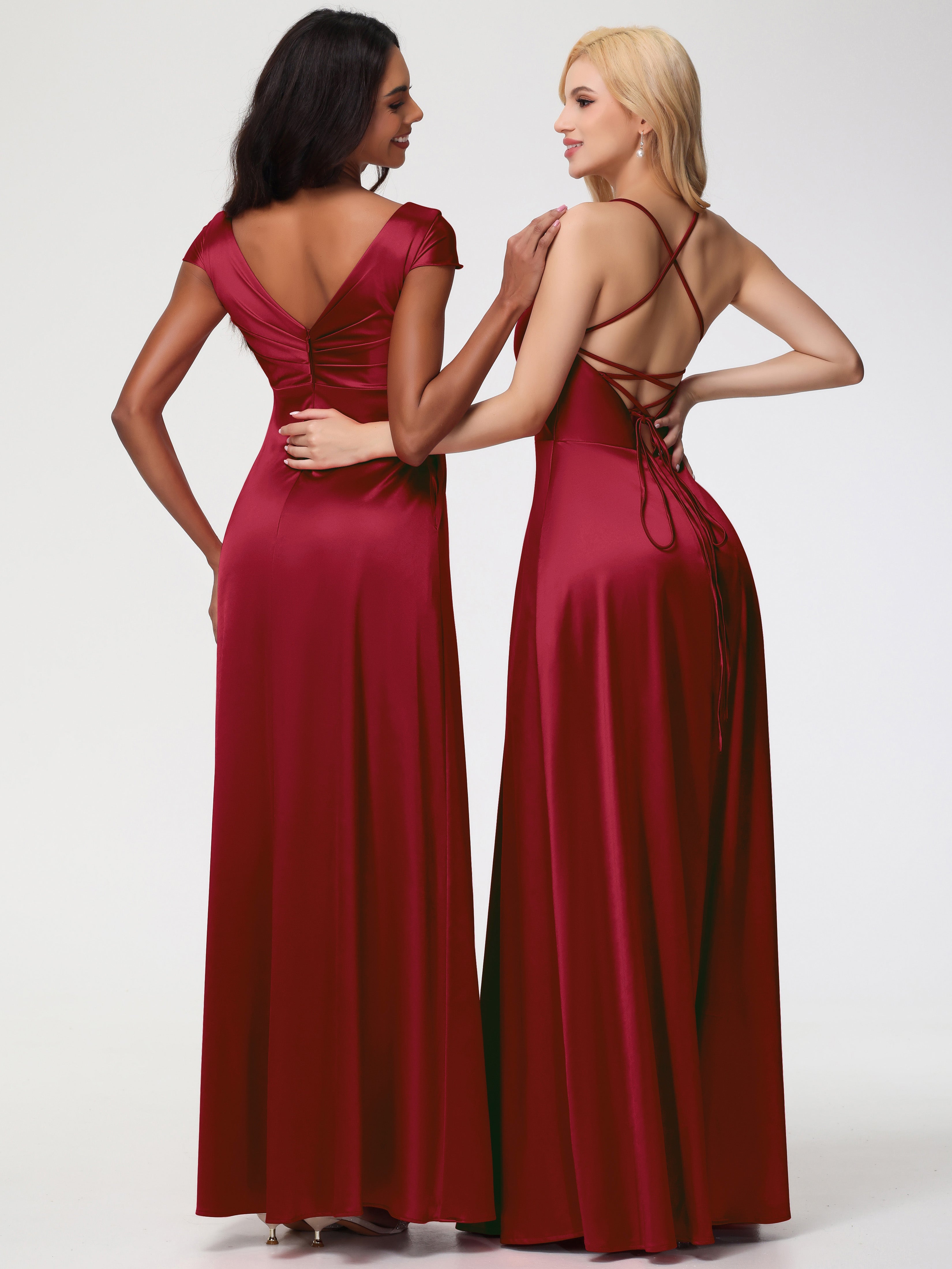 Robes De Demoiselle D'Honneur Bordeaux à Moins De 100 $ Col V Bretelles Croisées Satin Extensible Robe De Demoiselle D'Honneur Robe Plissée