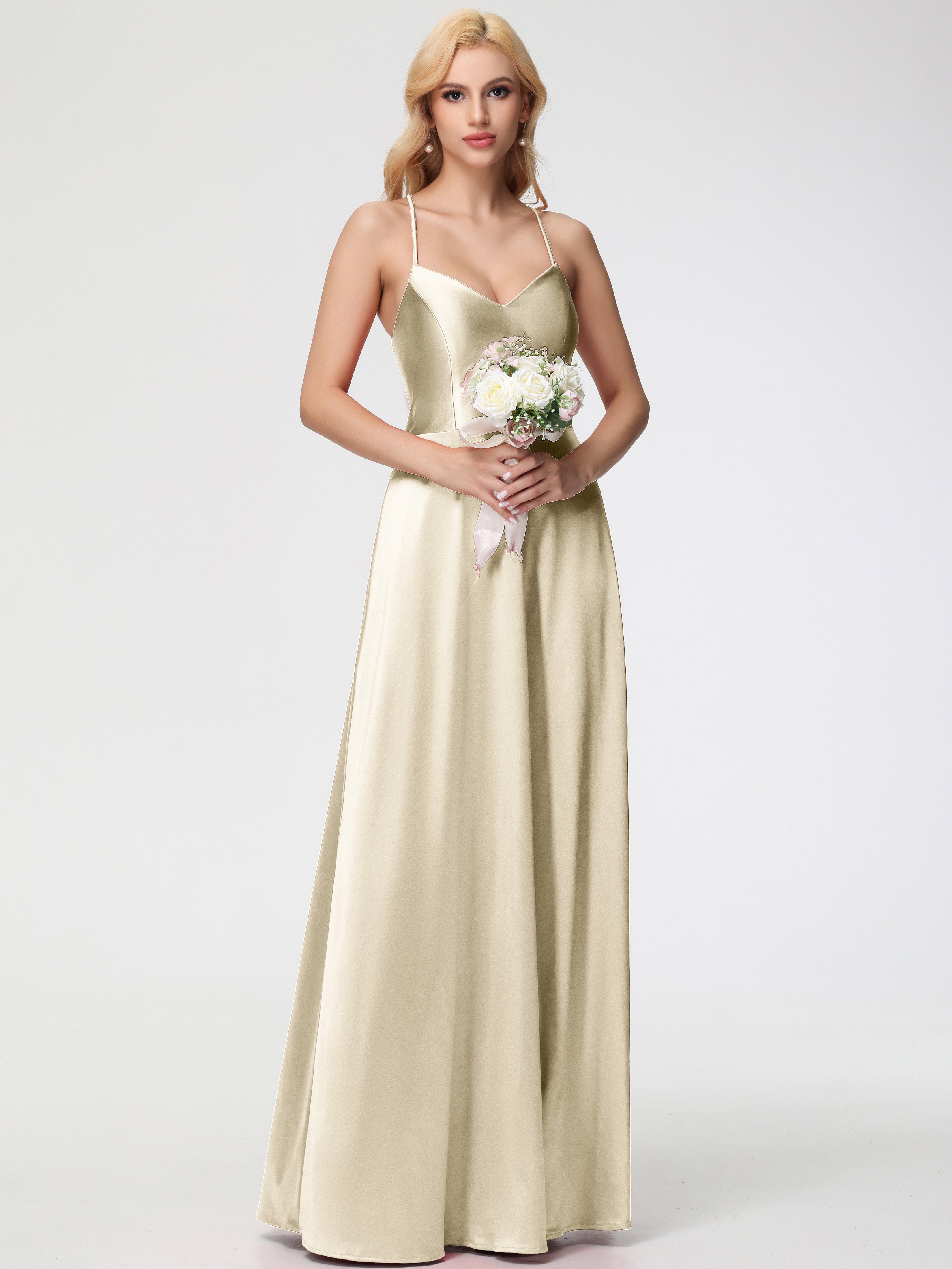 Robes De Demoiselle D'Honneur Couleur Champagne Col V Bretelles Croisées Satin Extensible Robe De Demoiselle D'Honneur Robe Plissée