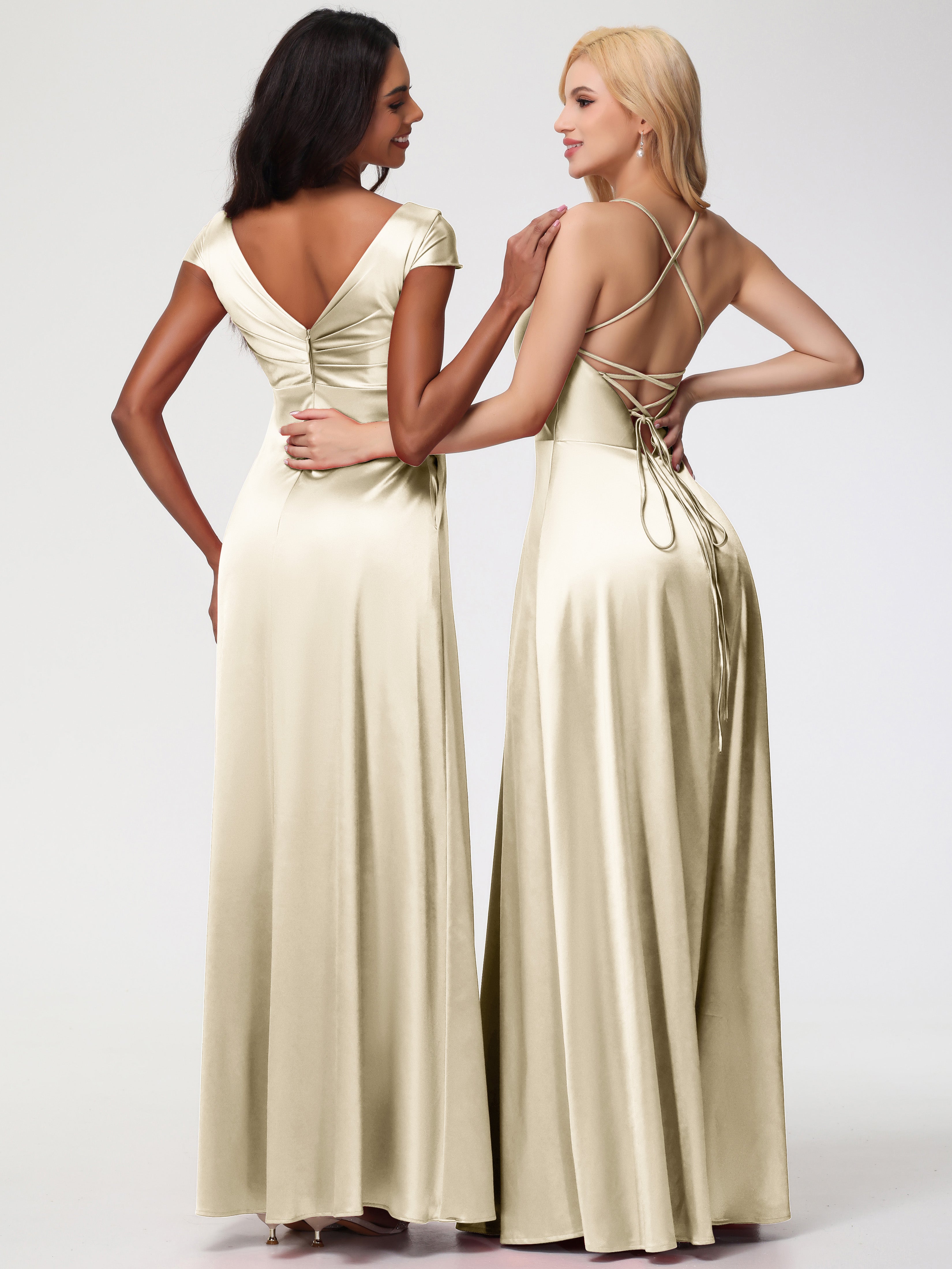 Robes De Demoiselle D'Honneur Couleur Champagne Col V Bretelles Croisées Satin Extensible Robe De Demoiselle D'Honneur Robe Plissée