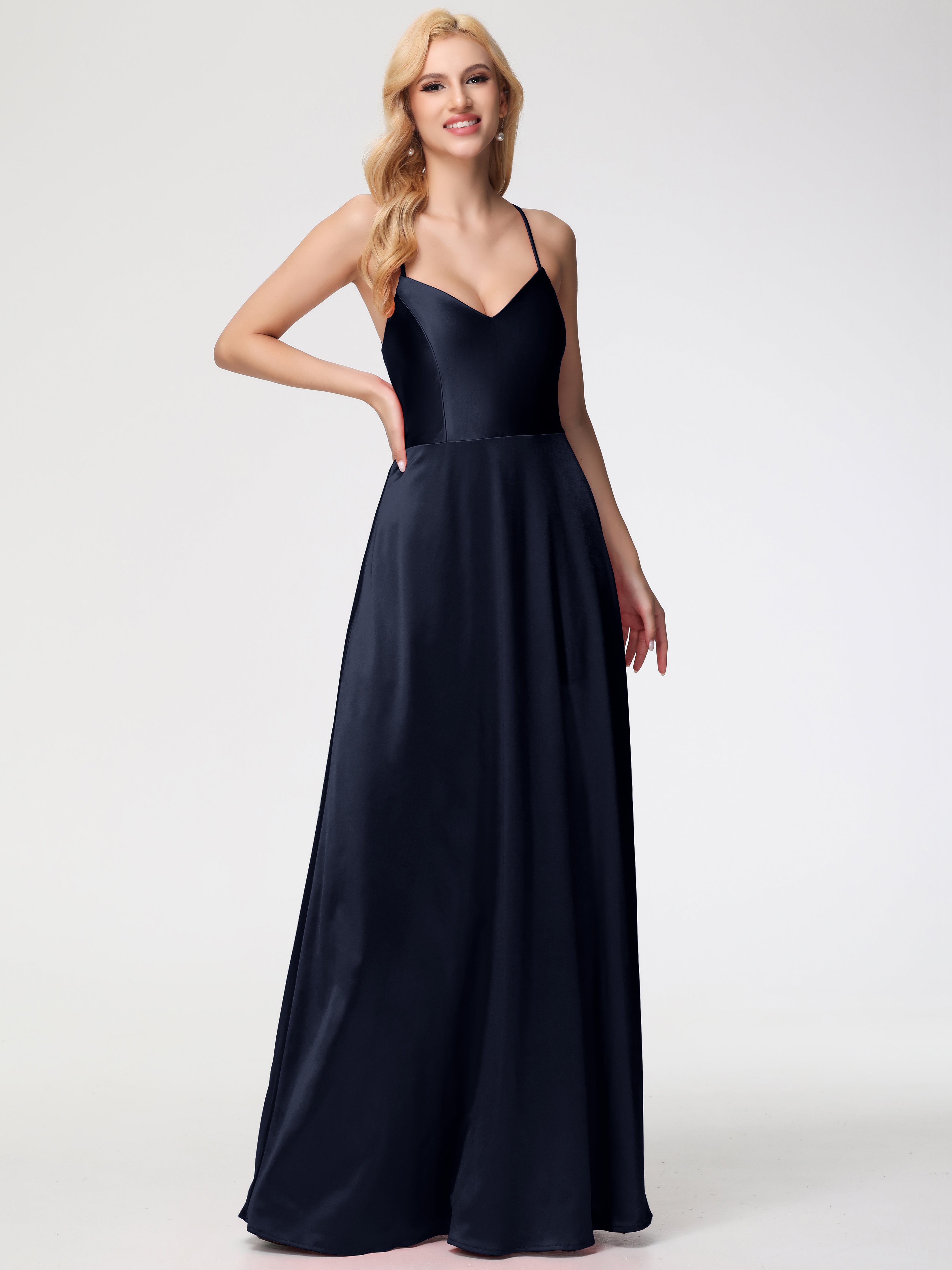 Longues Robes De Demoiselle D'Honneur Bleu Marine Col V Bretelles Croisées Satin Extensible Robe De Demoiselle D'Honneur Robe Plissée