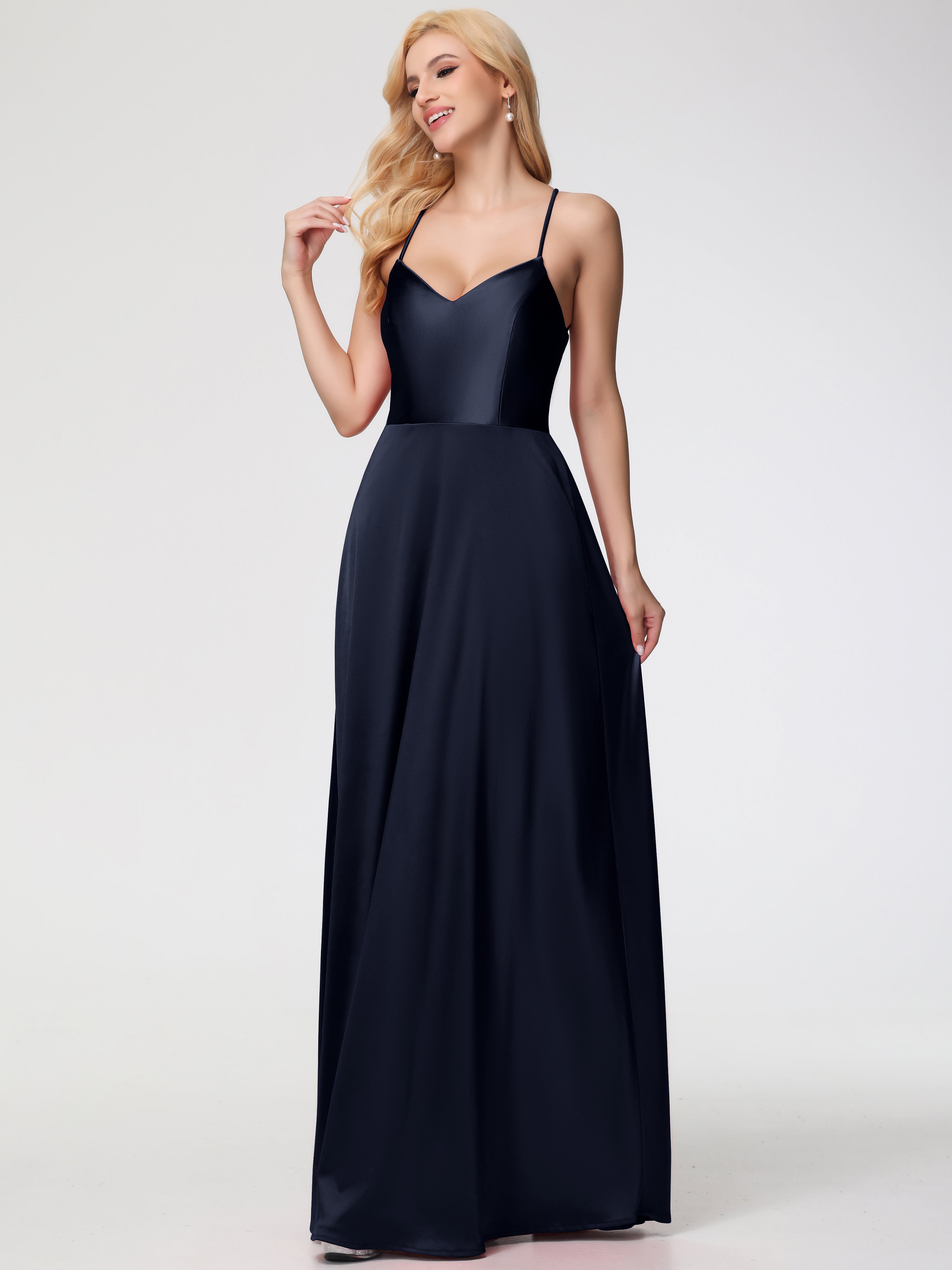 Longues Robes De Demoiselle D'Honneur Bleu Marine Col V Bretelles Croisées Satin Extensible Robe De Demoiselle D'Honneur Robe Plissée