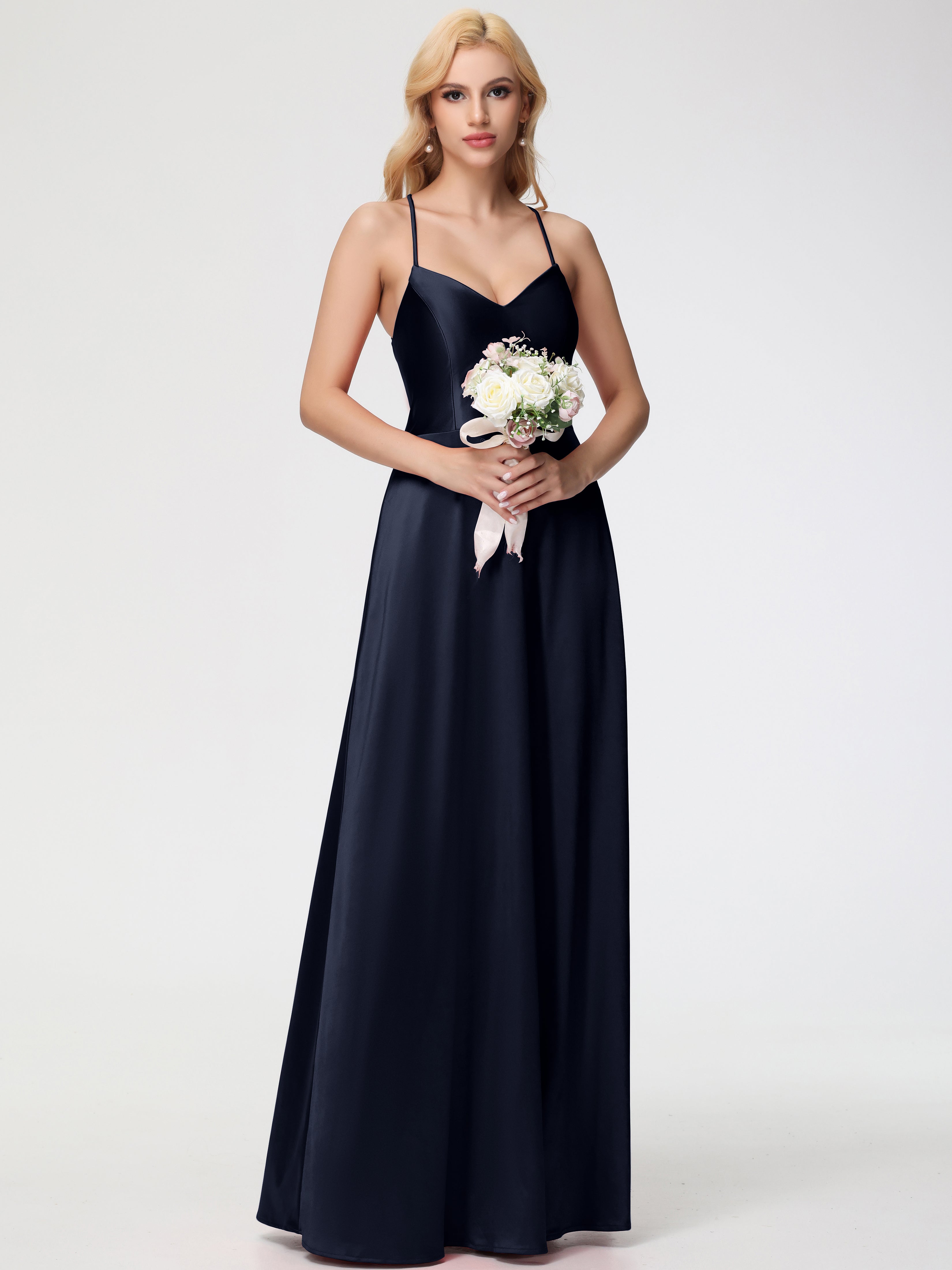 Longues Robes De Demoiselle D'Honneur Bleu Marine Col V Bretelles Croisées Satin Extensible Robe De Demoiselle D'Honneur Robe Plissée