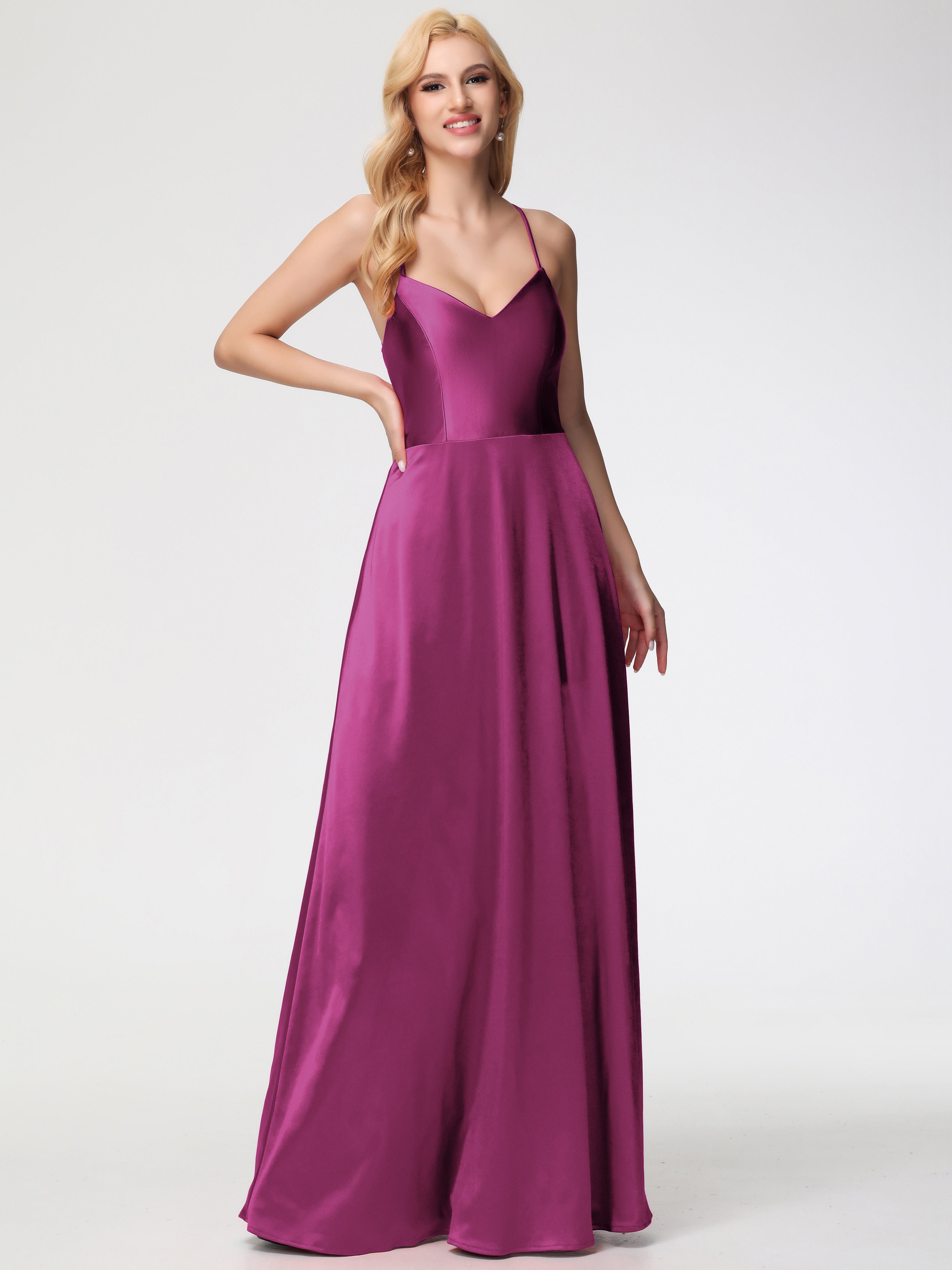 Robes De Demoiselle D'Honneur Rose Fuchsia Couleur Col V Bretelles Croisées Satin Extensible Robe De Demoiselle D'Honneur Robe Plissée