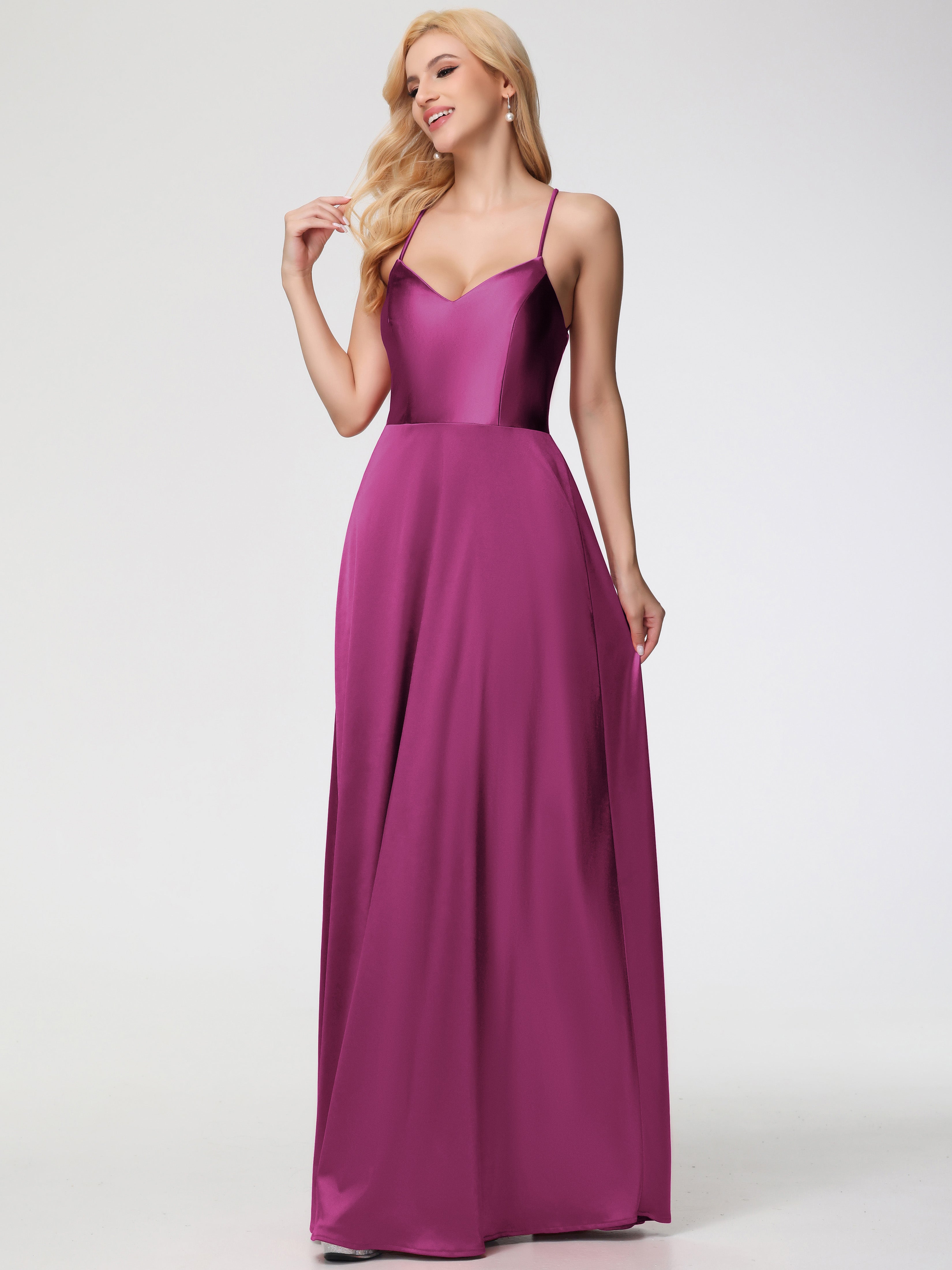 Robes De Demoiselle D'Honneur Rose Fuchsia Couleur Col V Bretelles Croisées Satin Extensible Robe De Demoiselle D'Honneur Robe Plissée