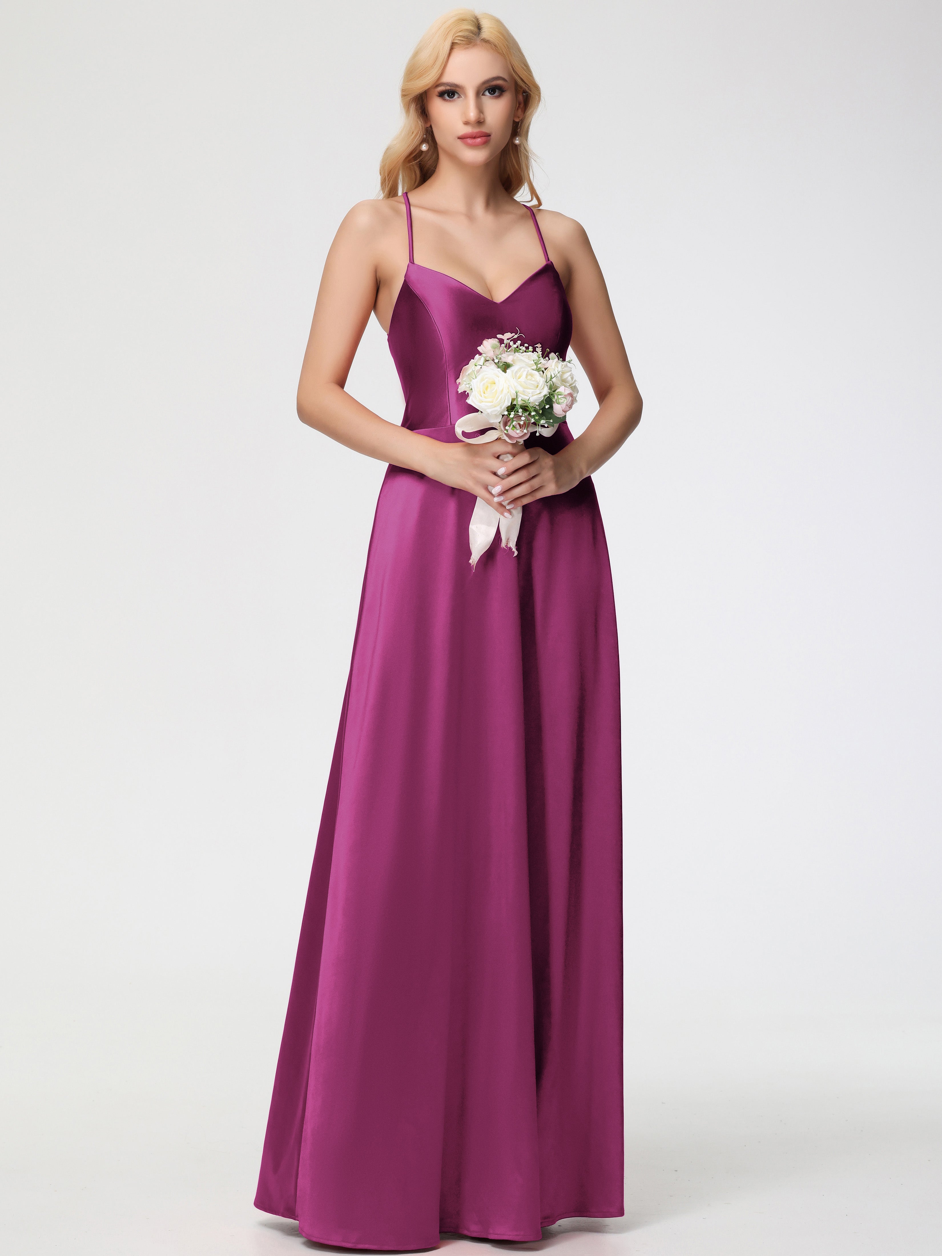 Robes De Demoiselle D'Honneur Rose Fuchsia Couleur Col V Bretelles Croisées Satin Extensible Robe De Demoiselle D'Honneur Robe Plissée