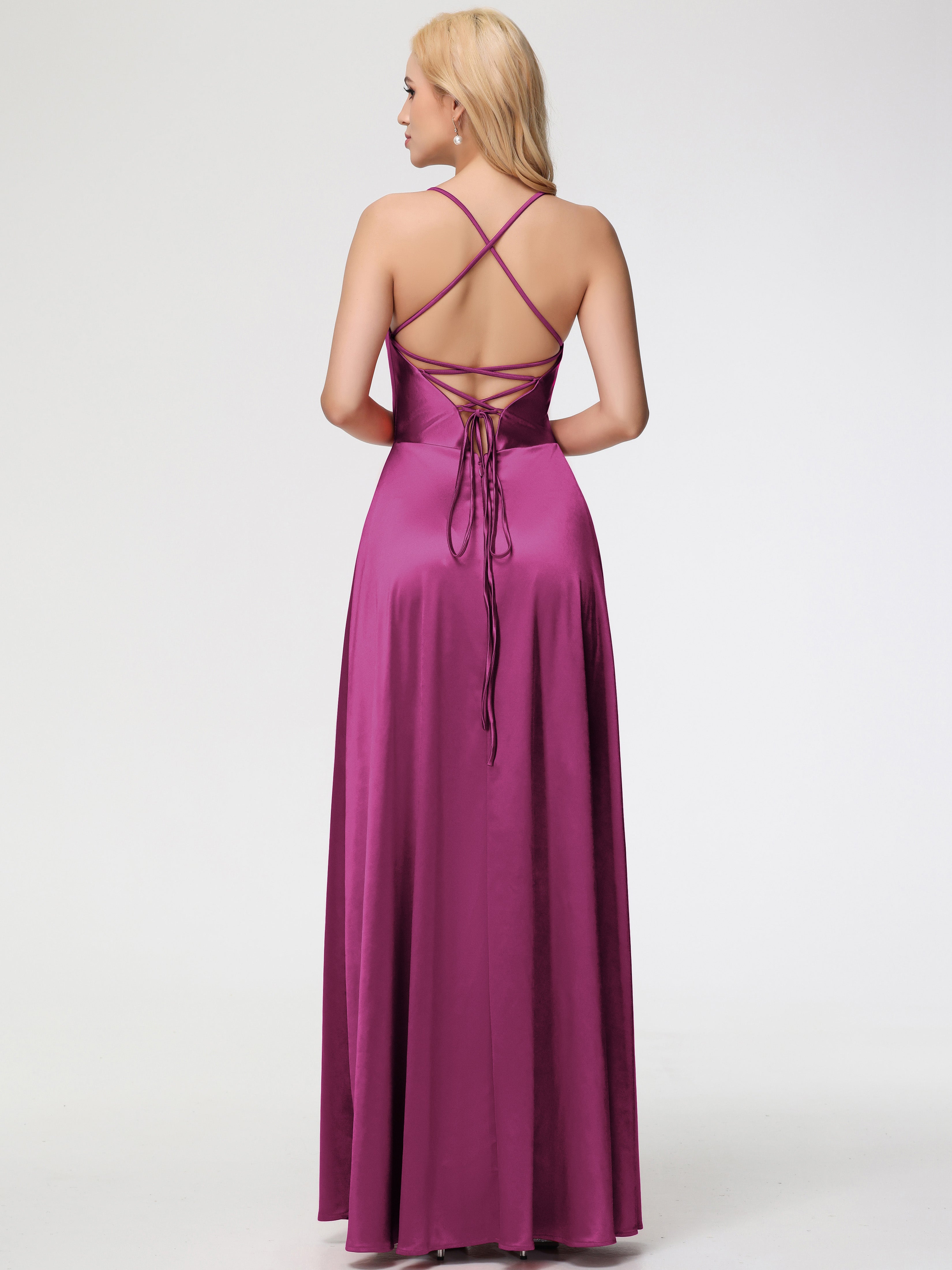 Robes De Demoiselle D'Honneur Rose Fuchsia Couleur Col V Bretelles Croisées Satin Extensible Robe De Demoiselle D'Honneur Robe Plissée