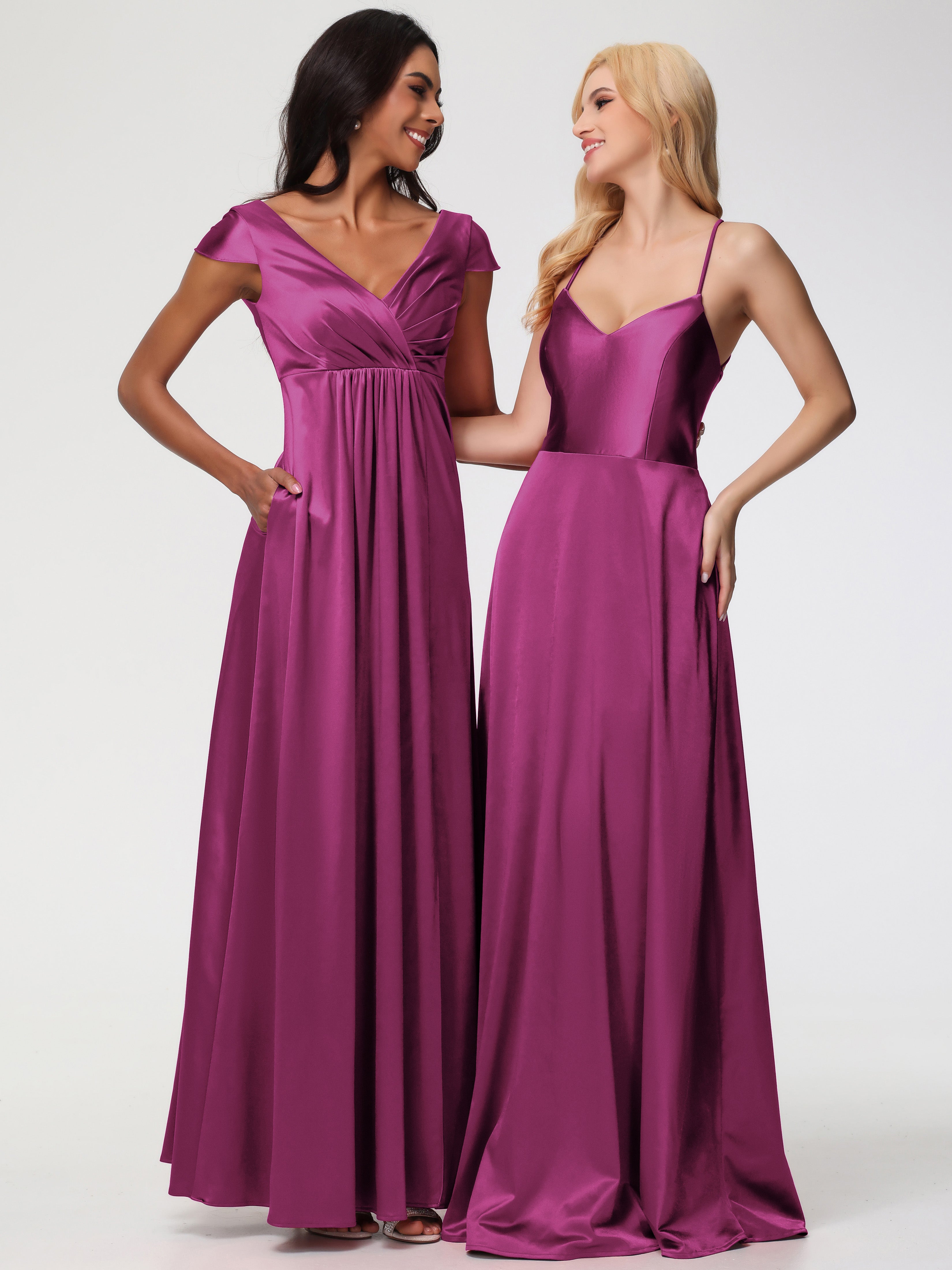 Robes De Demoiselle D'Honneur Rose Fuchsia Couleur Col V Bretelles Croisées Satin Extensible Robe De Demoiselle D'Honneur Robe Plissée