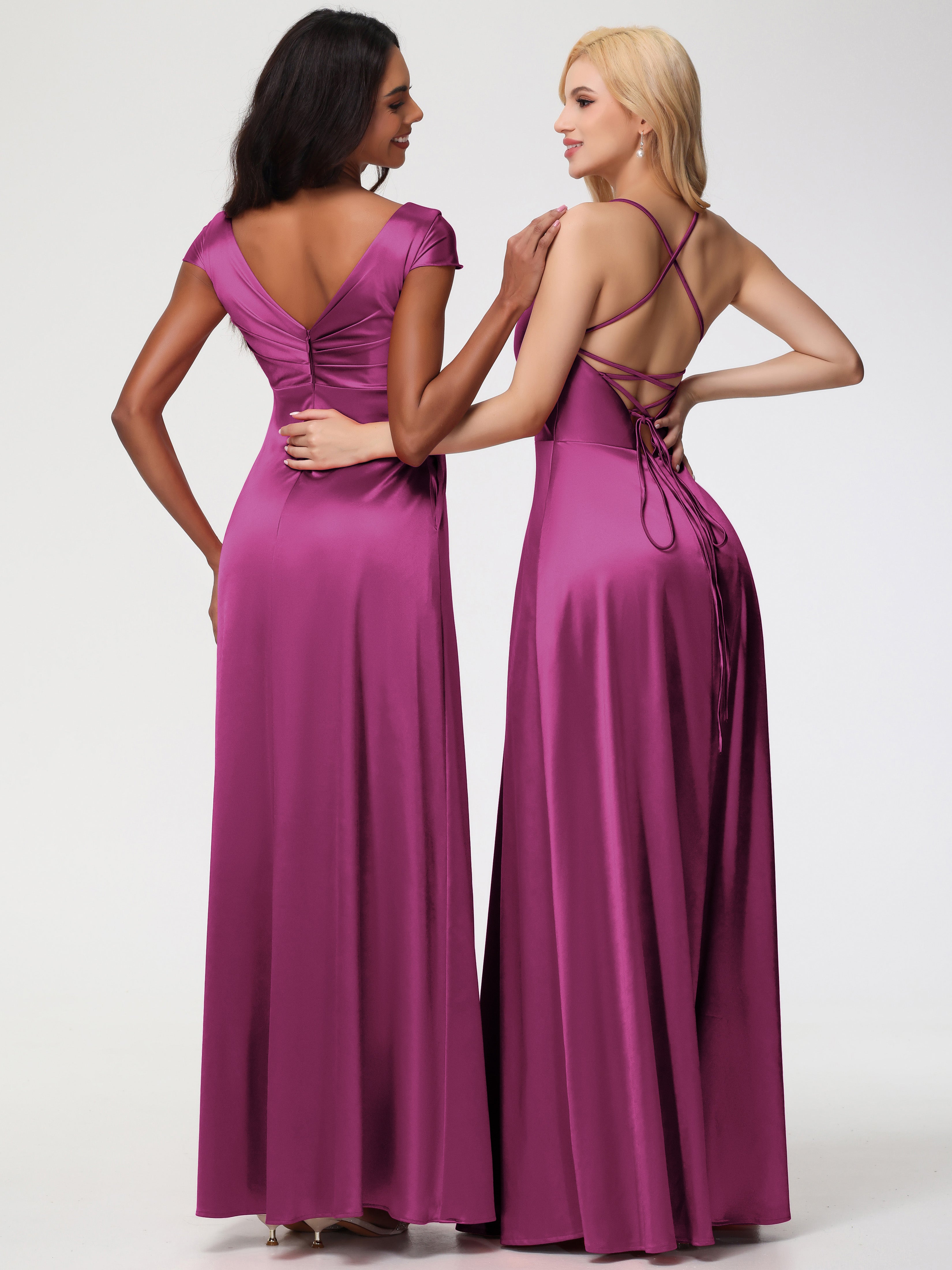 Robes De Demoiselle D'Honneur Rose Fuchsia Couleur Col V Bretelles Croisées Satin Extensible Robe De Demoiselle D'Honneur Robe Plissée