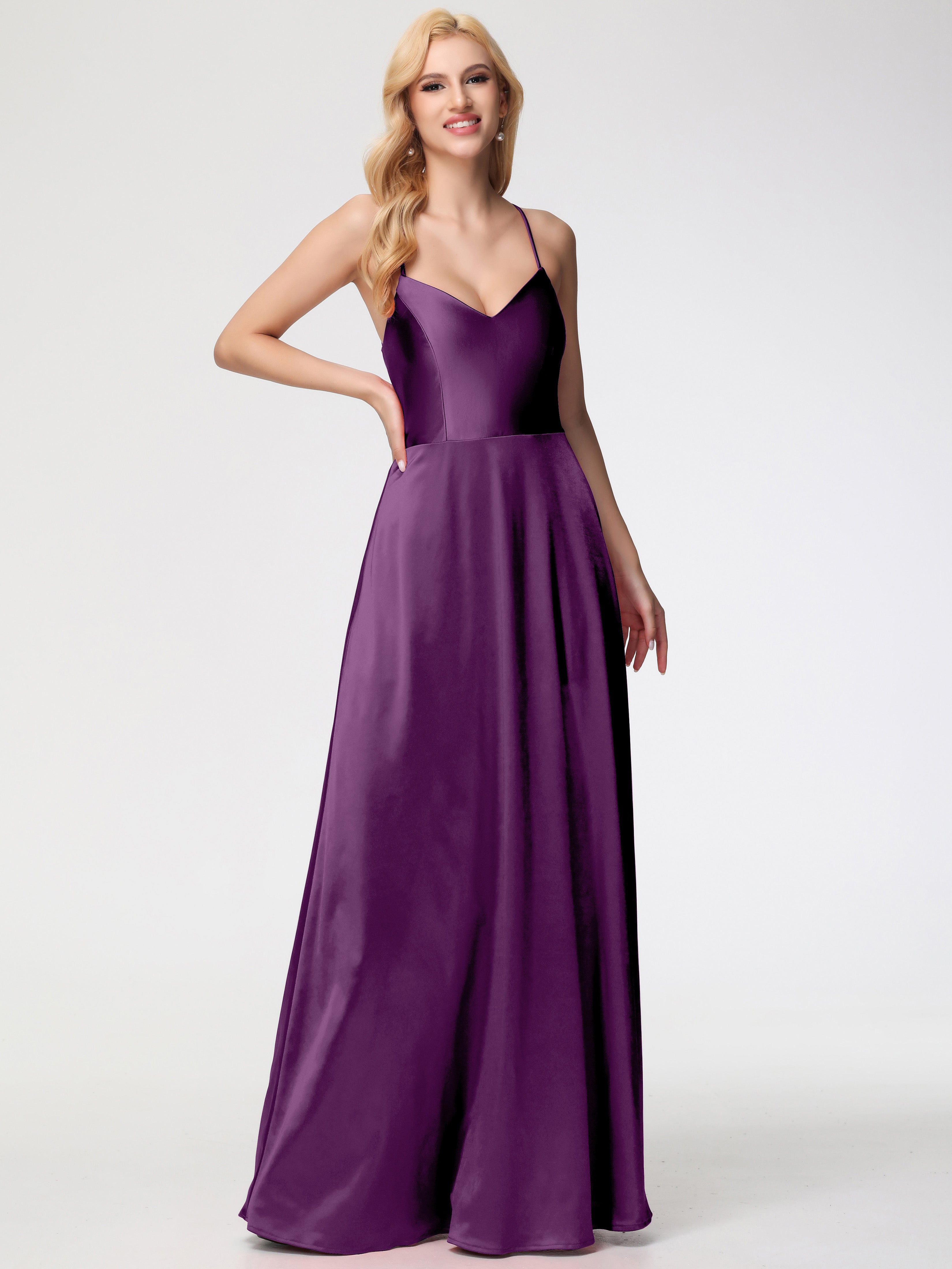 Robes De Demoiselle D'Honneur En Raisin Col V Bretelles Croisées Satin Extensible Robe De Demoiselle D'Honneur Robe Plissée