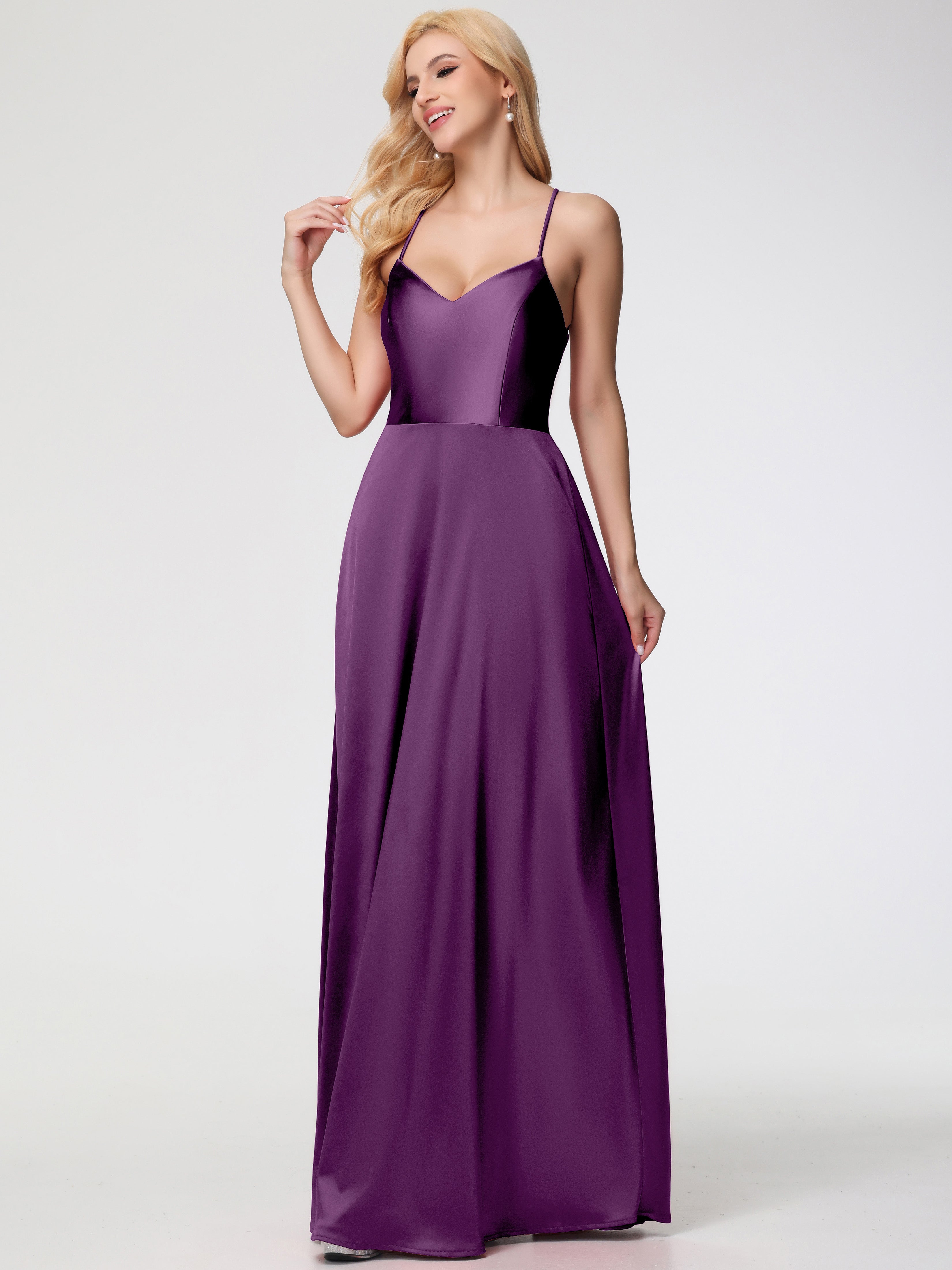 Robes De Demoiselle D'Honneur En Raisin Col V Bretelles Croisées Satin Extensible Robe De Demoiselle D'Honneur Robe Plissée