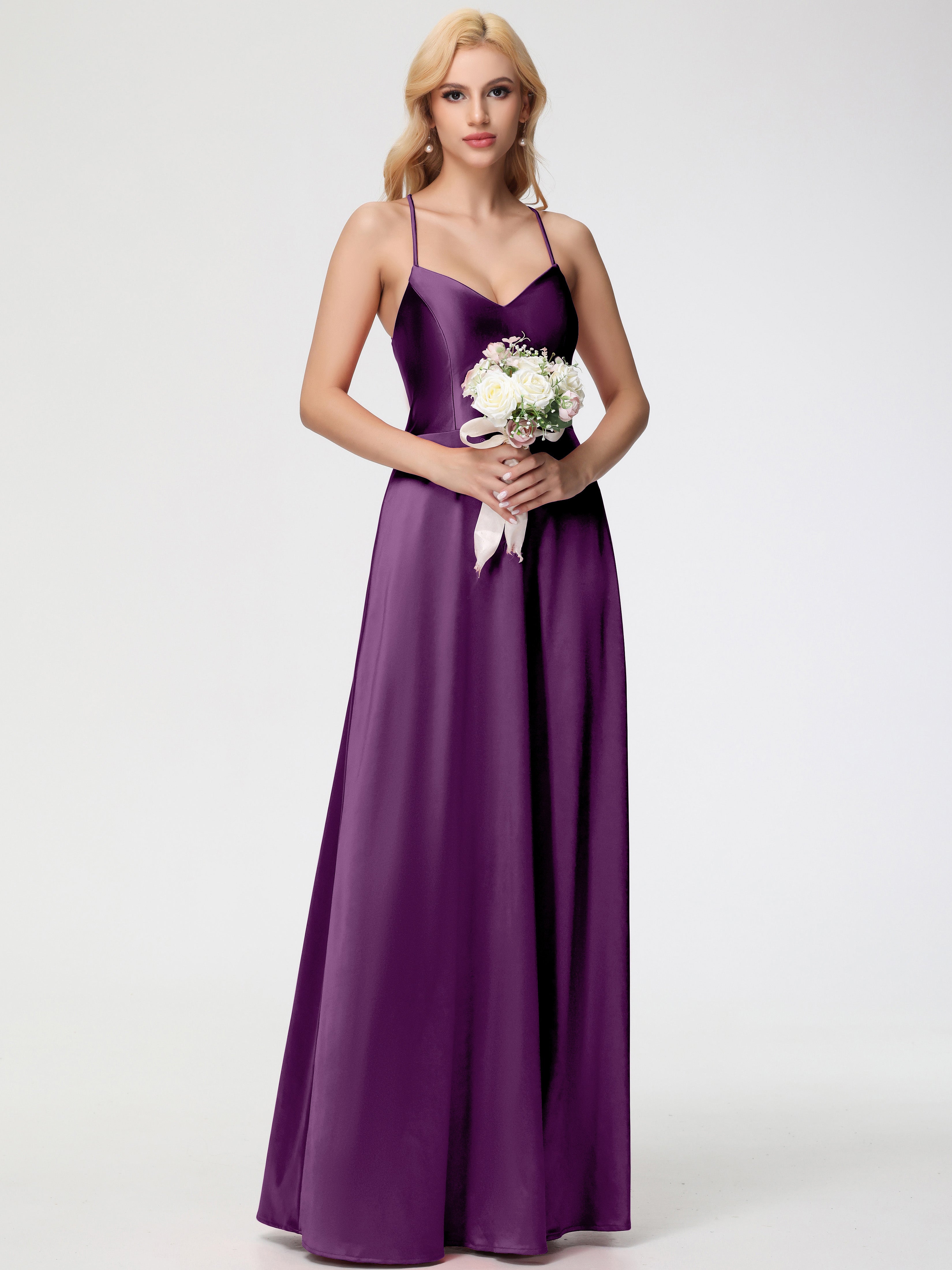 Robes De Demoiselle D'Honneur En Raisin Col V Bretelles Croisées Satin Extensible Robe De Demoiselle D'Honneur Robe Plissée