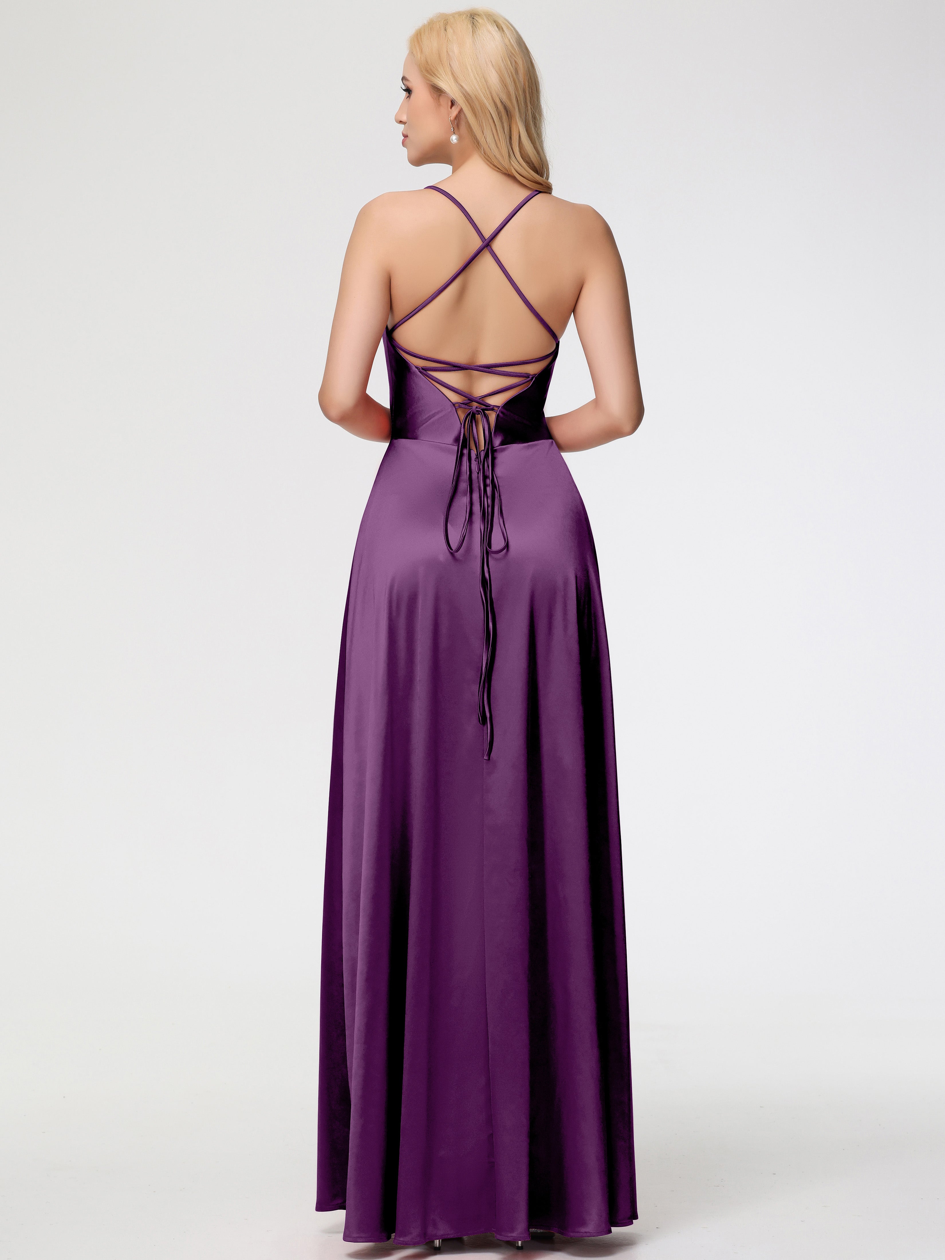 Robes De Demoiselle D'Honneur En Raisin Col V Bretelles Croisées Satin Extensible Robe De Demoiselle D'Honneur Robe Plissée