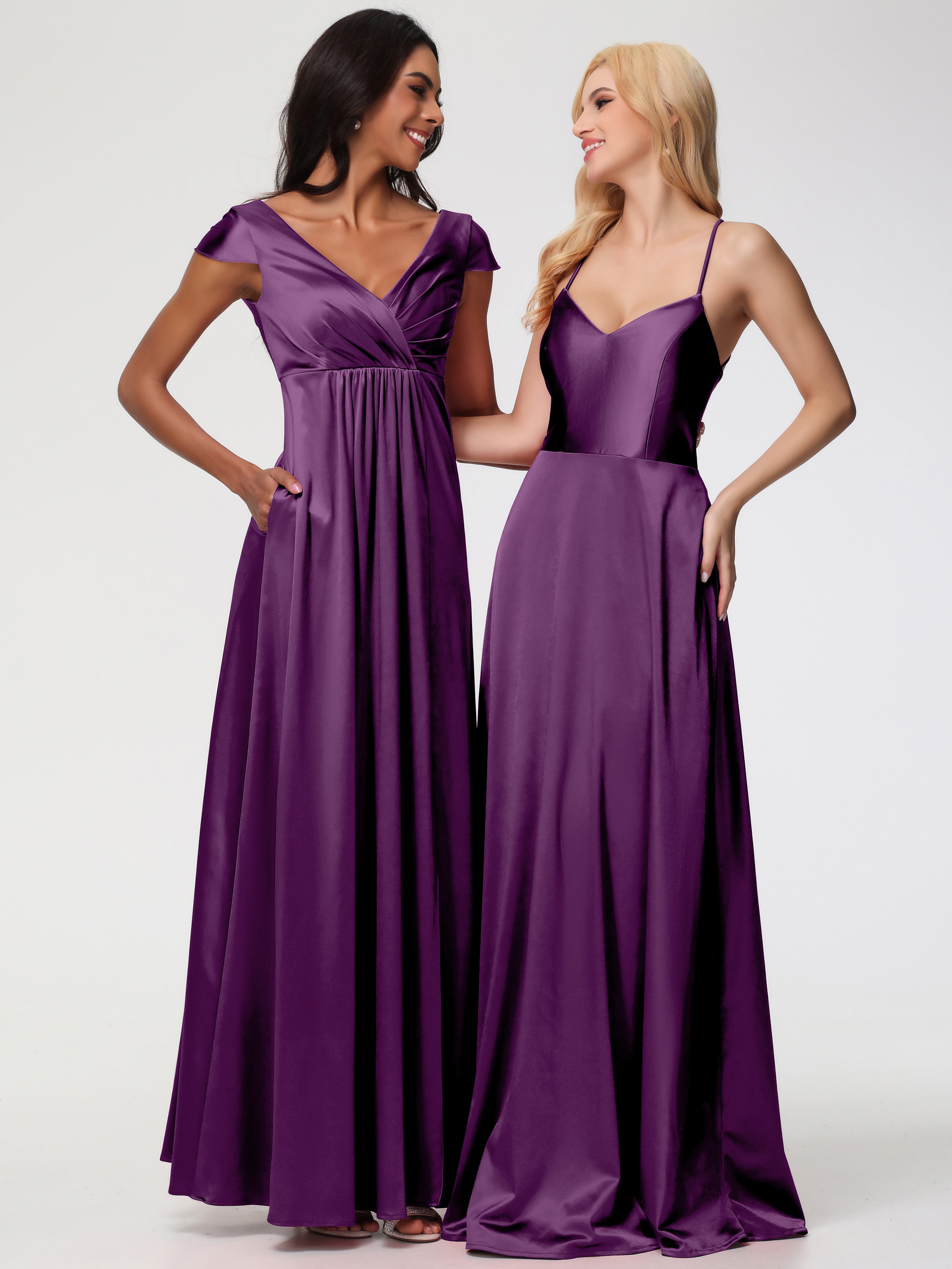 Robes De Demoiselle D'Honneur En Raisin Col V Bretelles Croisées Satin Extensible Robe De Demoiselle D'Honneur Robe Plissée