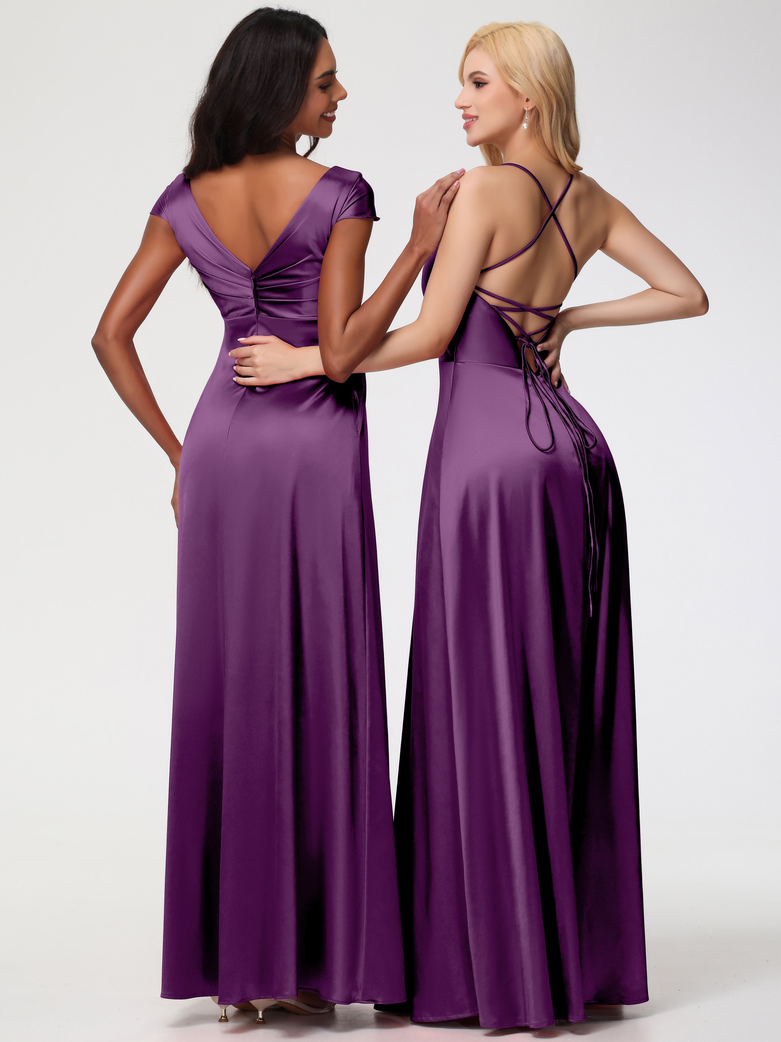 Robes De Demoiselle D'Honneur En Raisin Col V Bretelles Croisées Satin Extensible Robe De Demoiselle D'Honneur Robe Plissée