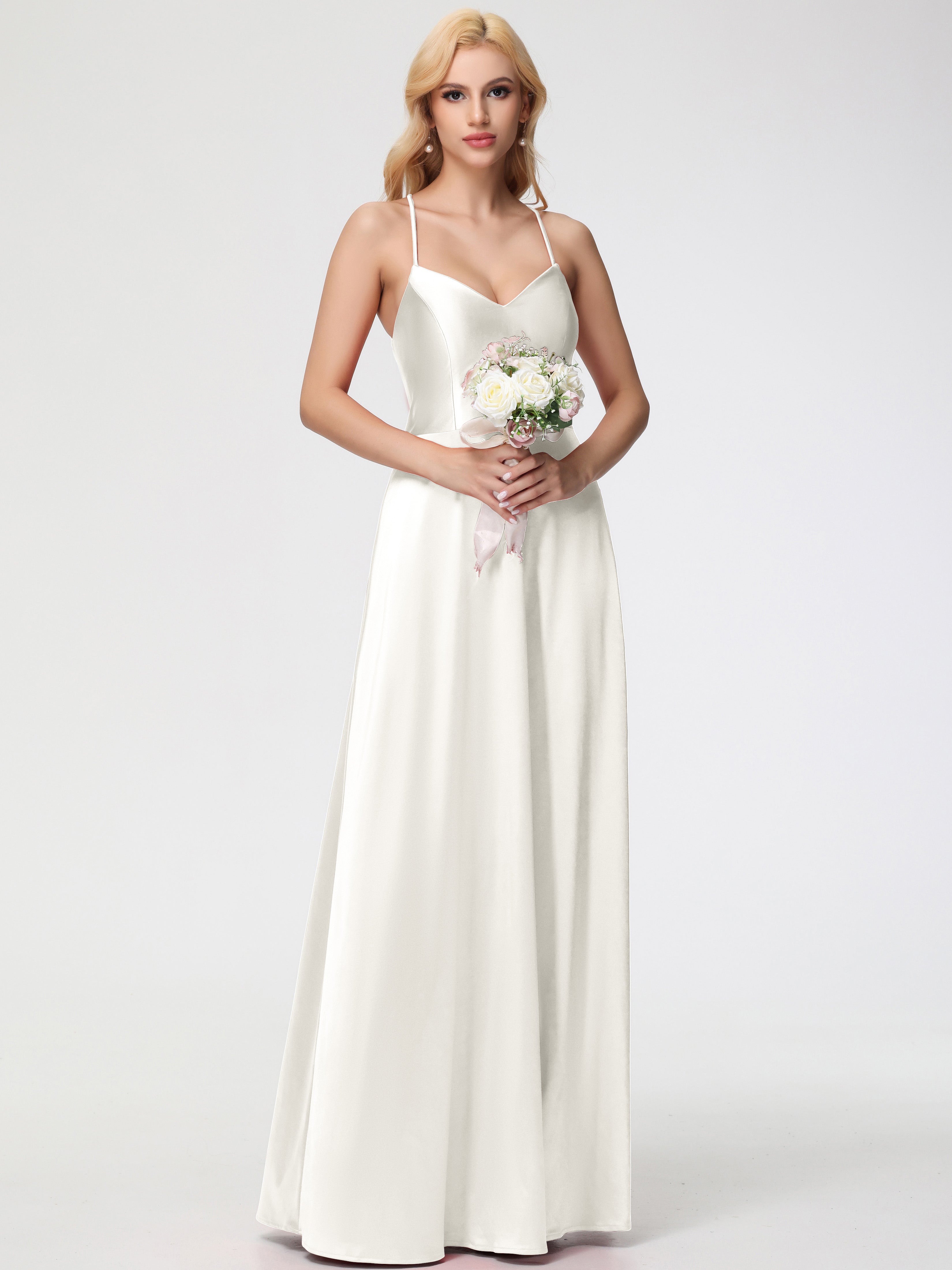 Robes De Demoiselle D'Honneur Ivoire Col V Bretelles Croisées Satin Extensible Robe De Demoiselle D'Honneur Robe Plissée