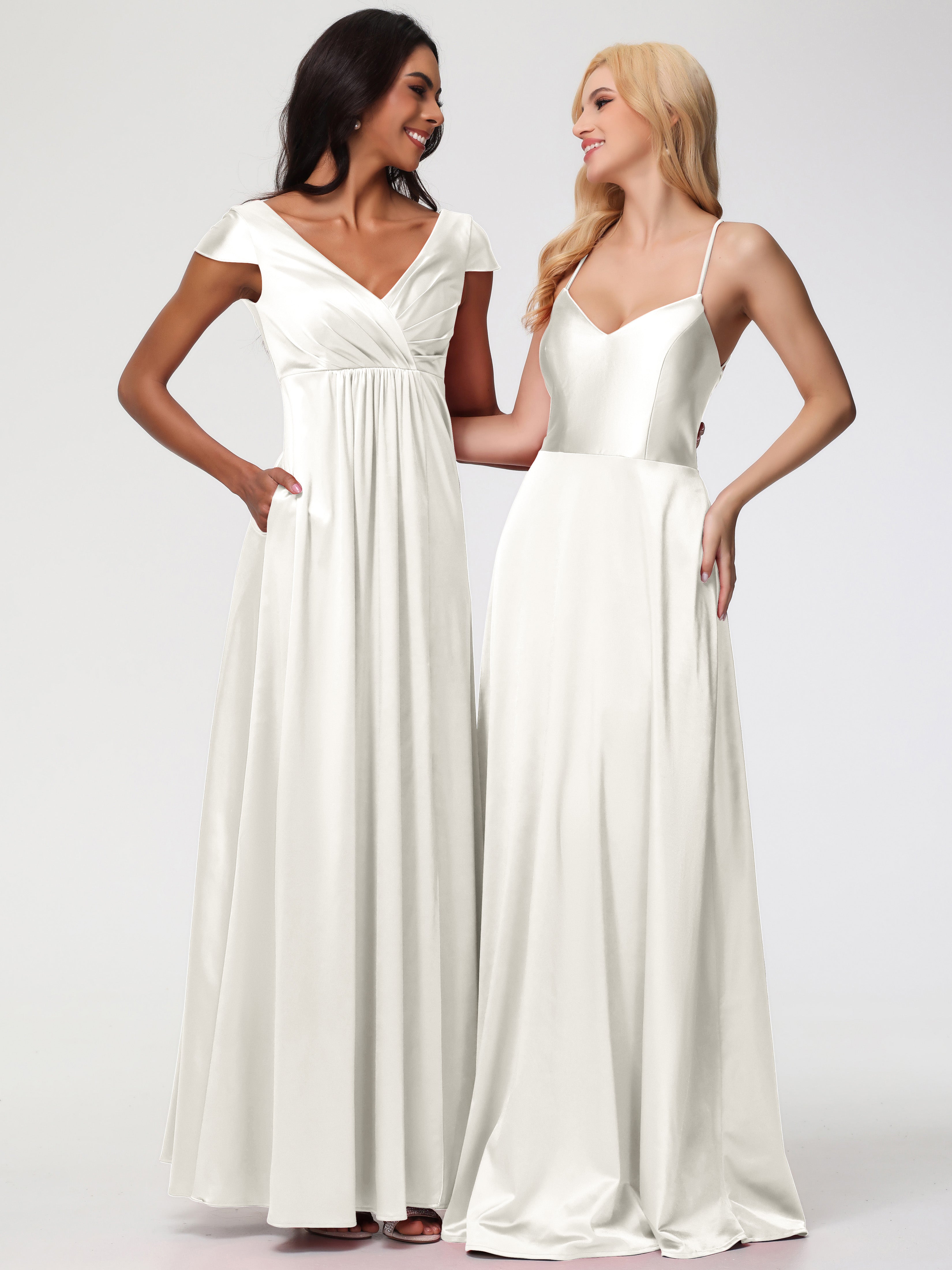 Robes De Demoiselle D'Honneur Ivoire Col V Bretelles Croisées Satin Extensible Robe De Demoiselle D'Honneur Robe Plissée