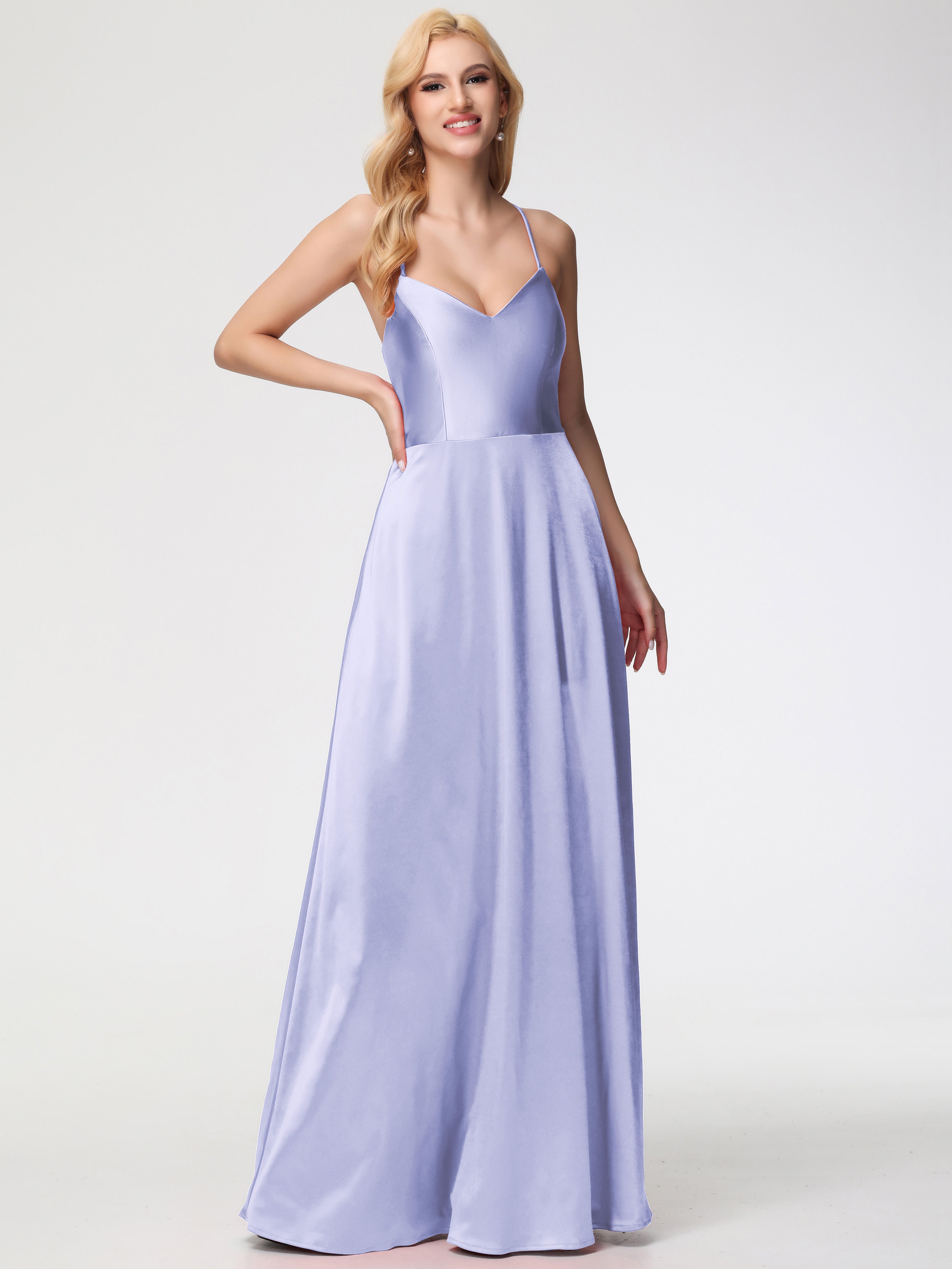 Robes De Demoiselle D'Honneur Lavande Col V Bretelles Croisées Satin Extensible Robe De Demoiselle D'Honneur Robe Plissée