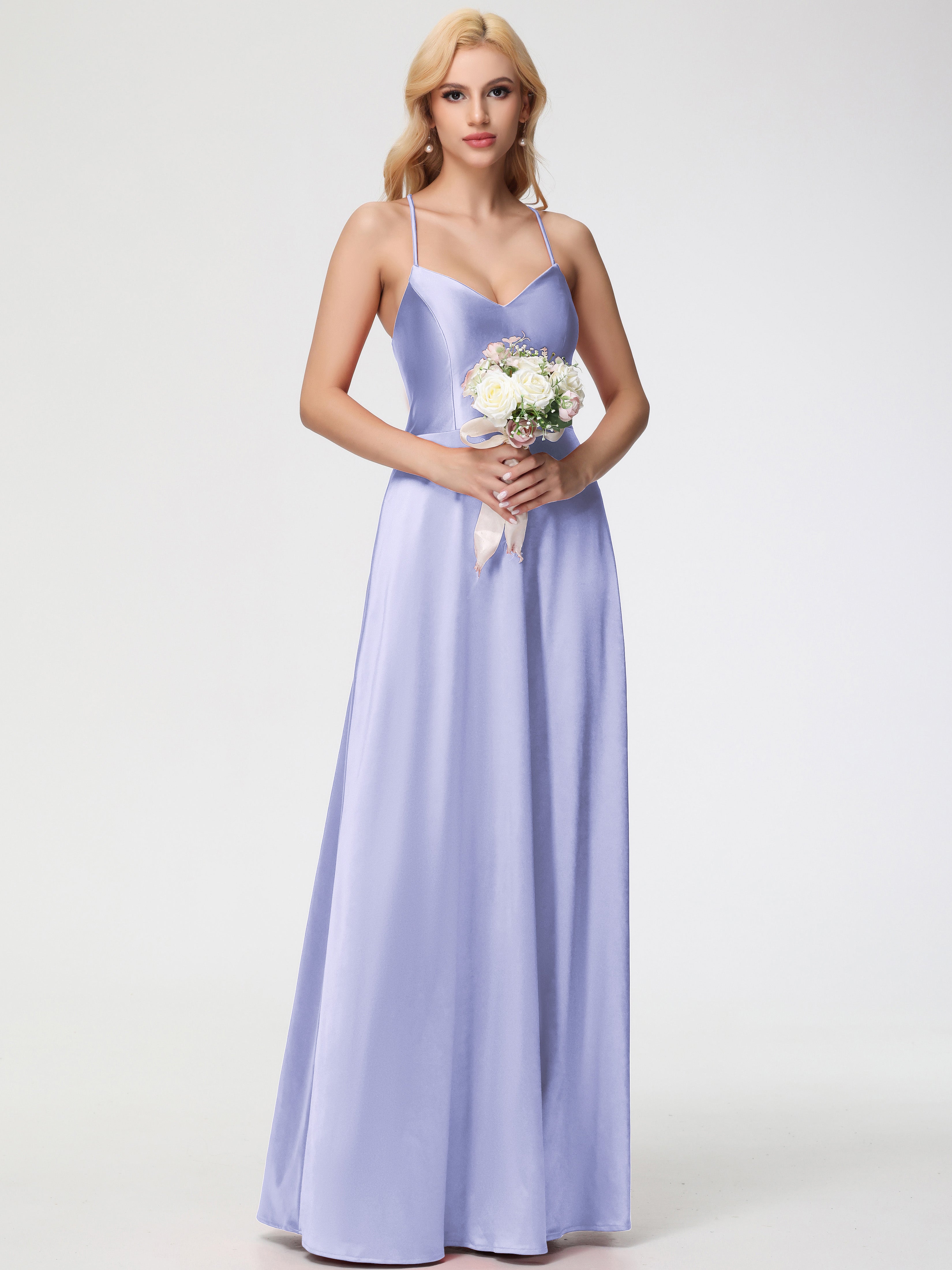 Robes De Demoiselle D'Honneur Lavande Col V Bretelles Croisées Satin Extensible Robe De Demoiselle D'Honneur Robe Plissée