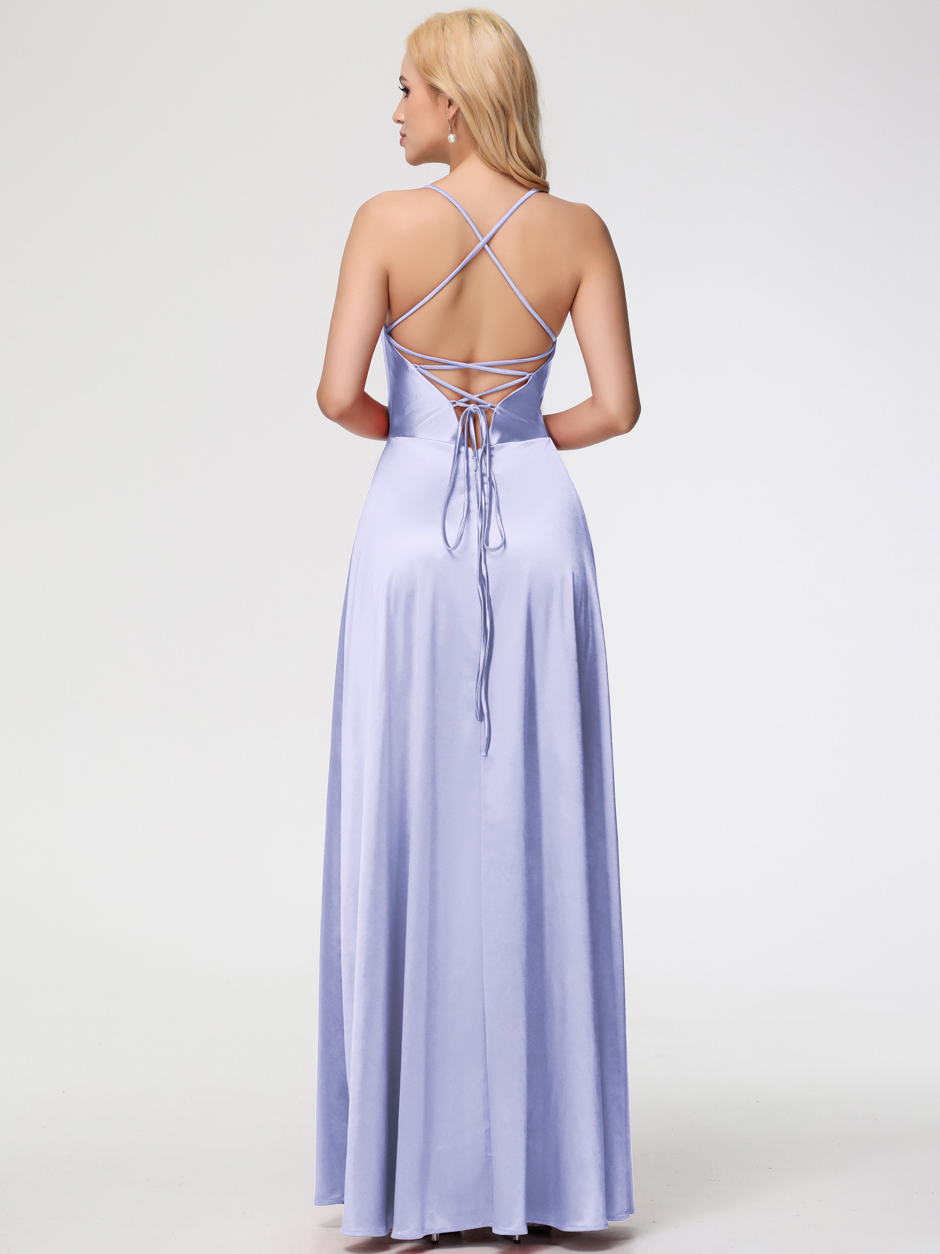 Robes De Demoiselle D'Honneur Lavande Col V Bretelles Croisées Satin Extensible Robe De Demoiselle D'Honneur Robe Plissée