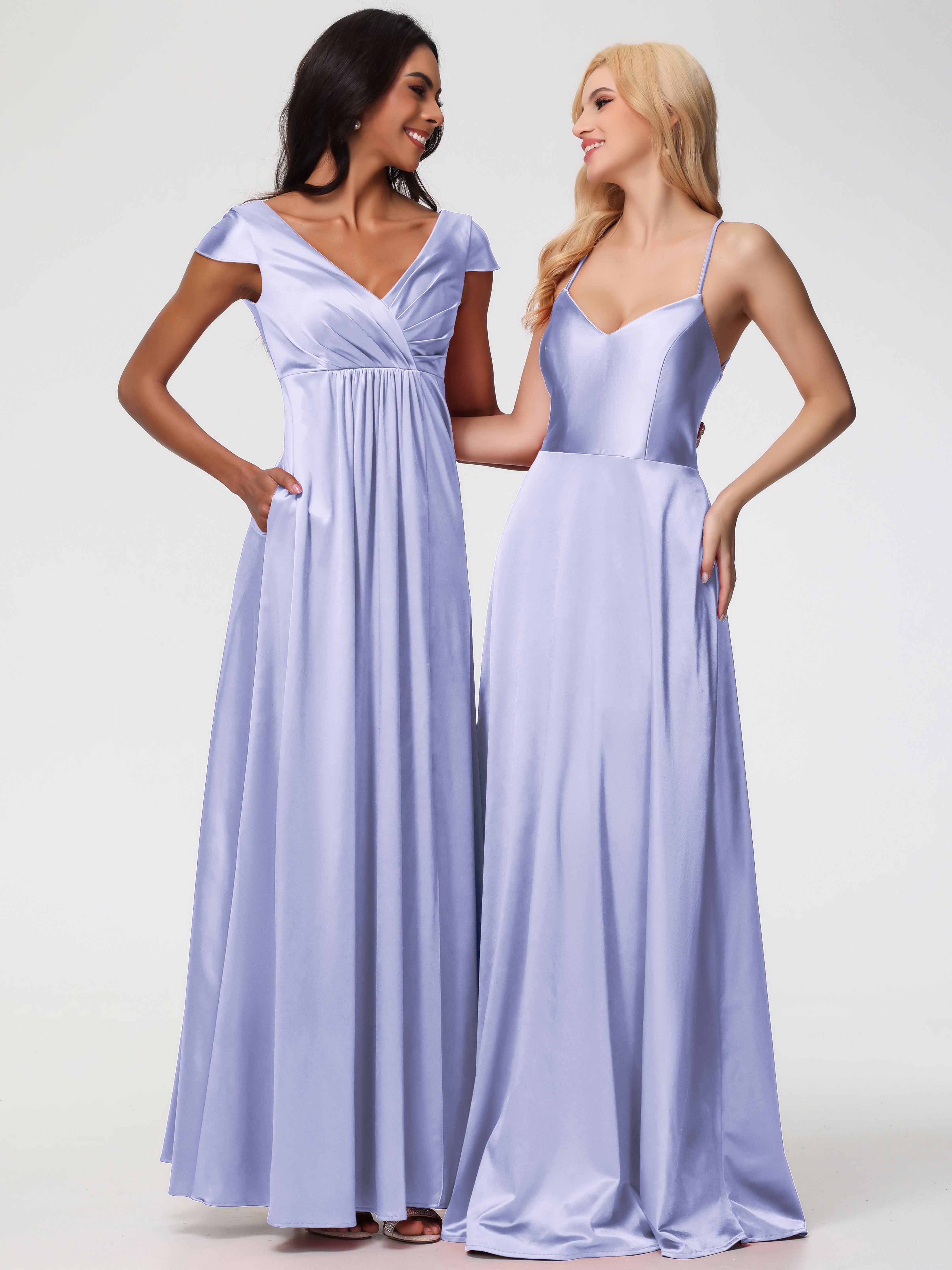 Robes De Demoiselle D'Honneur Lavande Col V Bretelles Croisées Satin Extensible Robe De Demoiselle D'Honneur Robe Plissée