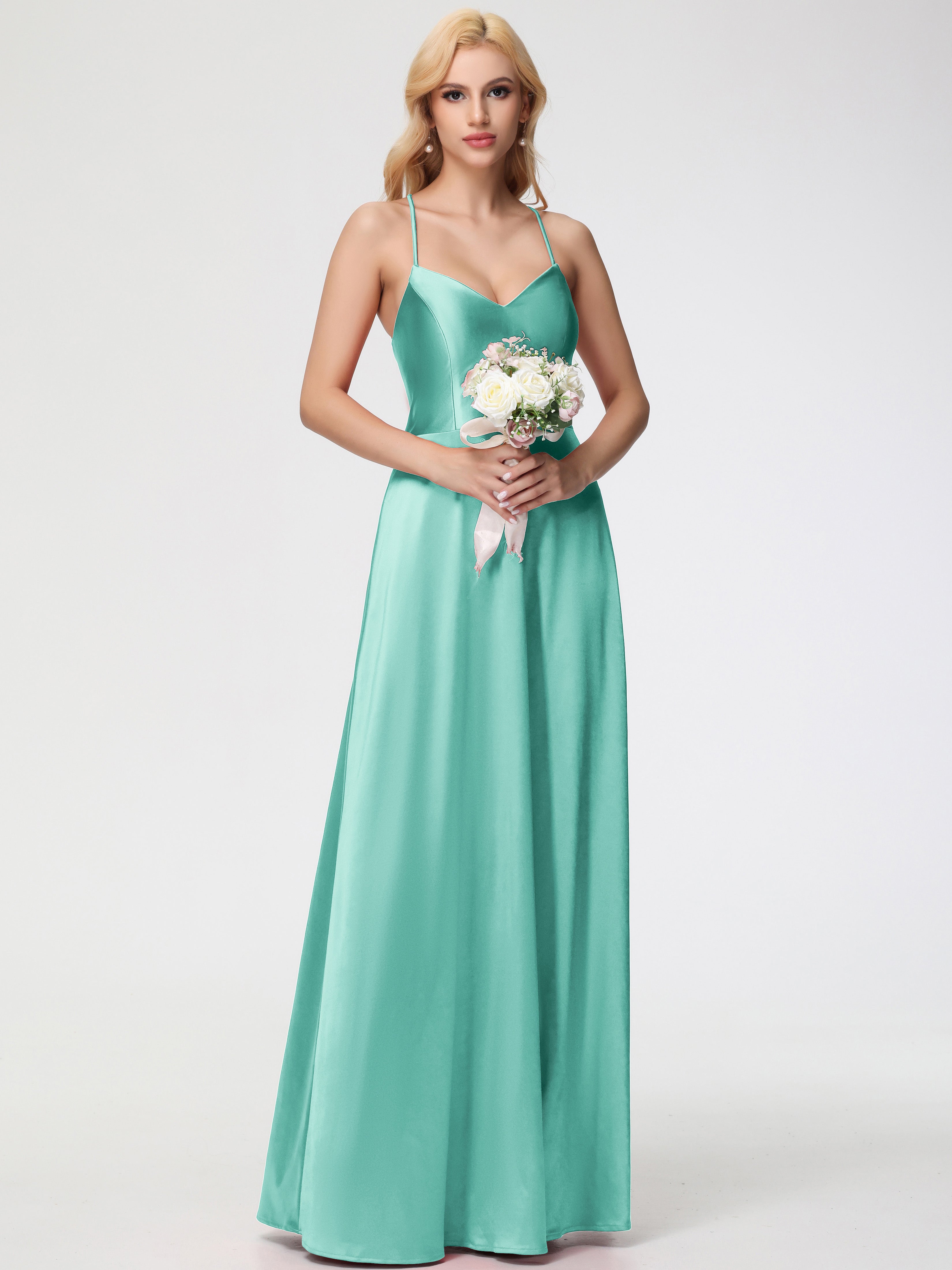 Robes De Demoiselle D'Honneur Vert Menthe Col V Bretelles Croisées Satin Extensible Robe De Demoiselle D'Honneur Robe Plissée