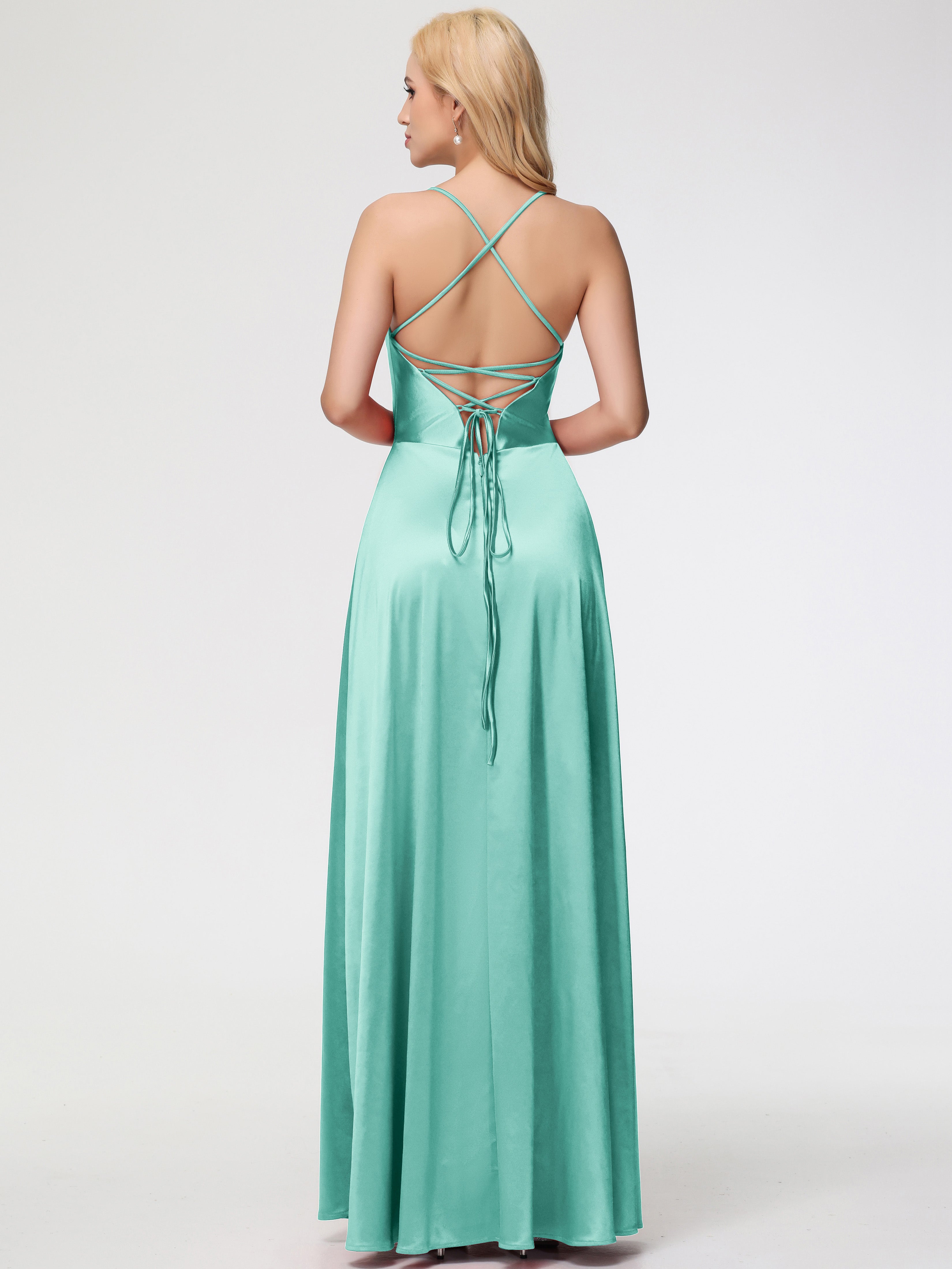 Robes De Demoiselle D'Honneur Vert Menthe Col V Bretelles Croisées Satin Extensible Robe De Demoiselle D'Honneur Robe Plissée
