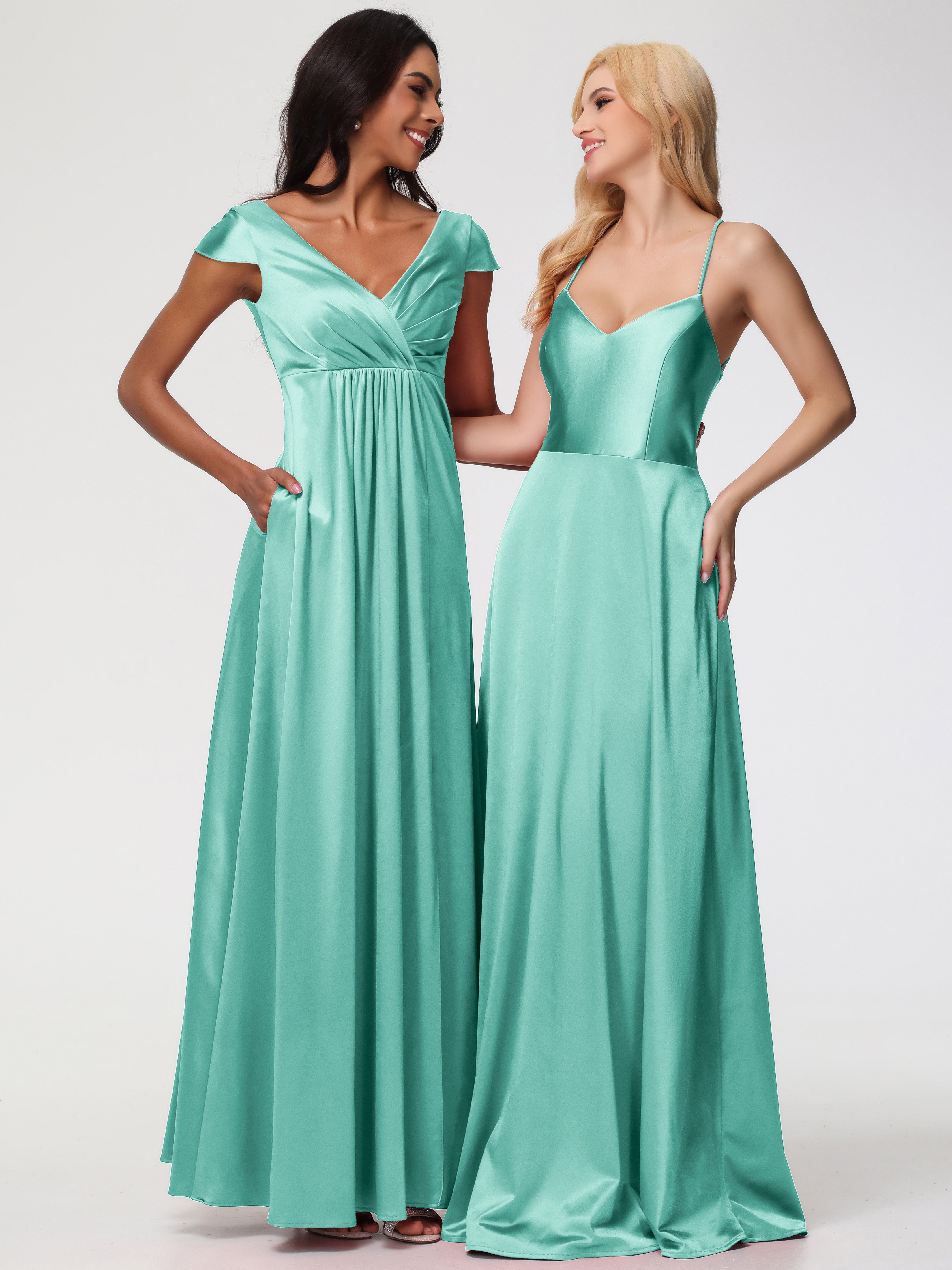 Robes De Demoiselle D'Honneur Vert Menthe Col V Bretelles Croisées Satin Extensible Robe De Demoiselle D'Honneur Robe Plissée