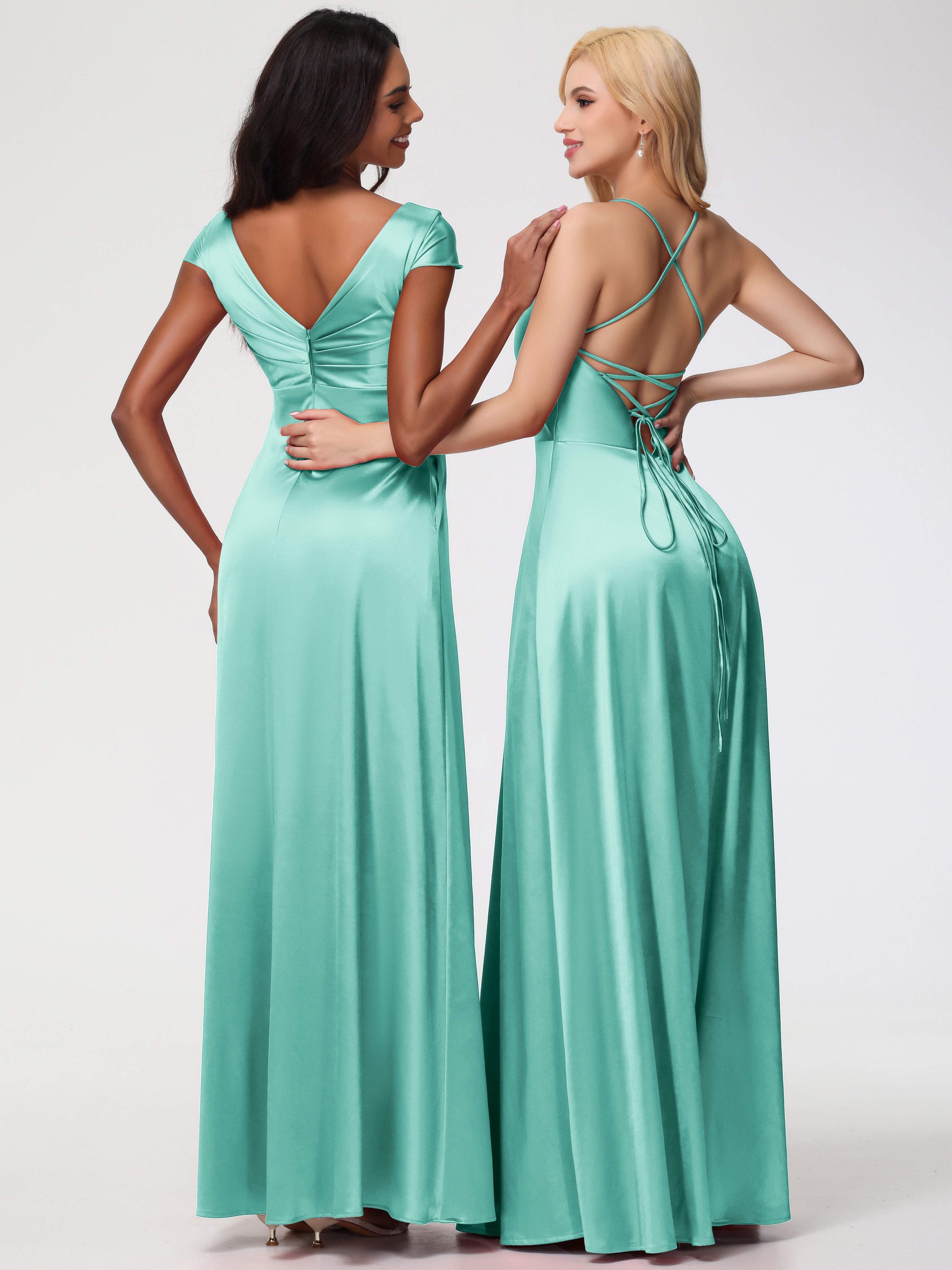 Robes De Demoiselle D'Honneur Vert Menthe Col V Bretelles Croisées Satin Extensible Robe De Demoiselle D'Honneur Robe Plissée