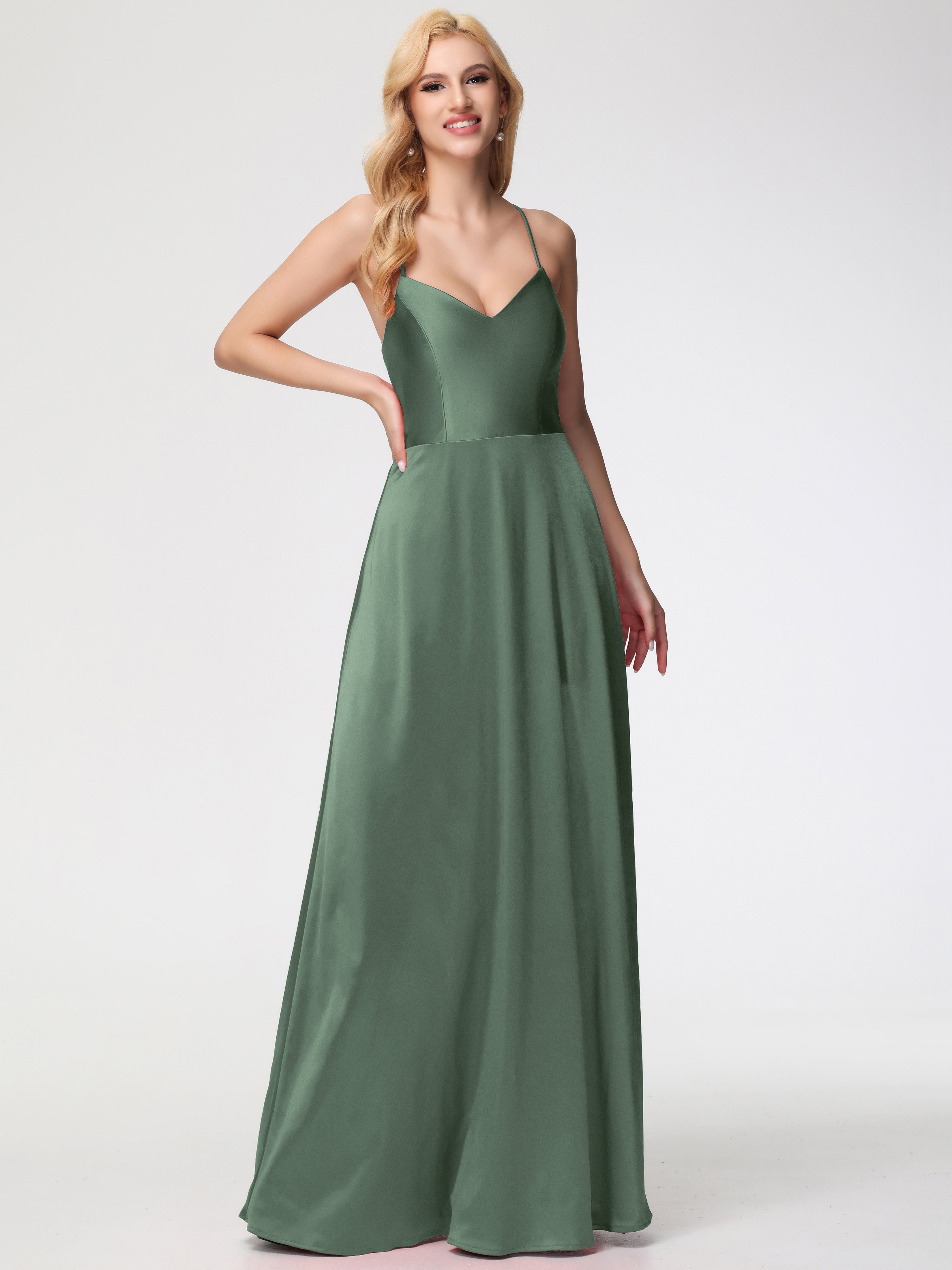 Robes De Demoiselle D'Honneur Olive Col V Bretelles Croisées Satin Extensible Robe De Demoiselle D'Honneur Robe Plissée