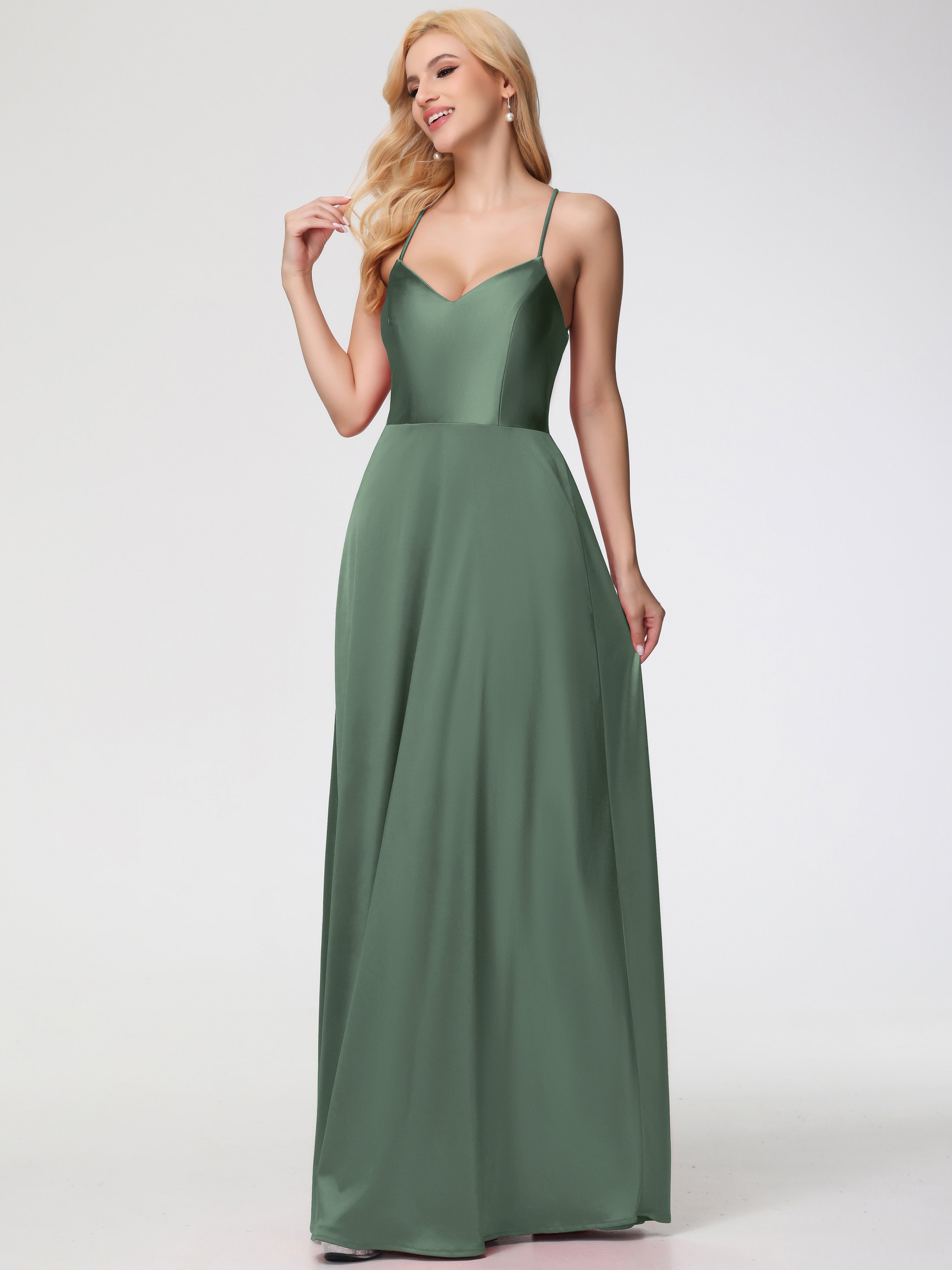 Robes De Demoiselle D'Honneur Olive Col V Bretelles Croisées Satin Extensible Robe De Demoiselle D'Honneur Robe Plissée