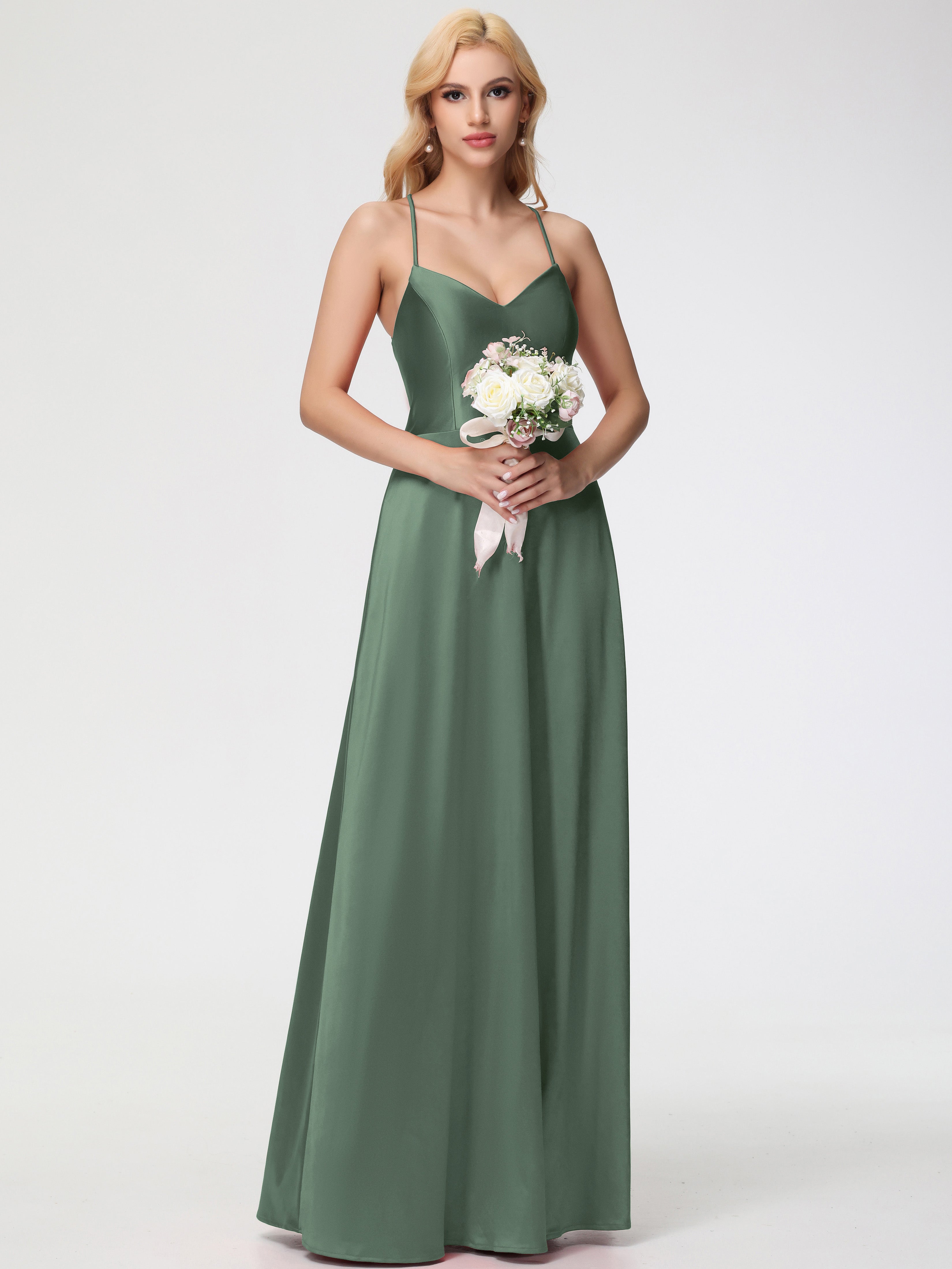 Robes De Demoiselle D'Honneur Olive Col V Bretelles Croisées Satin Extensible Robe De Demoiselle D'Honneur Robe Plissée