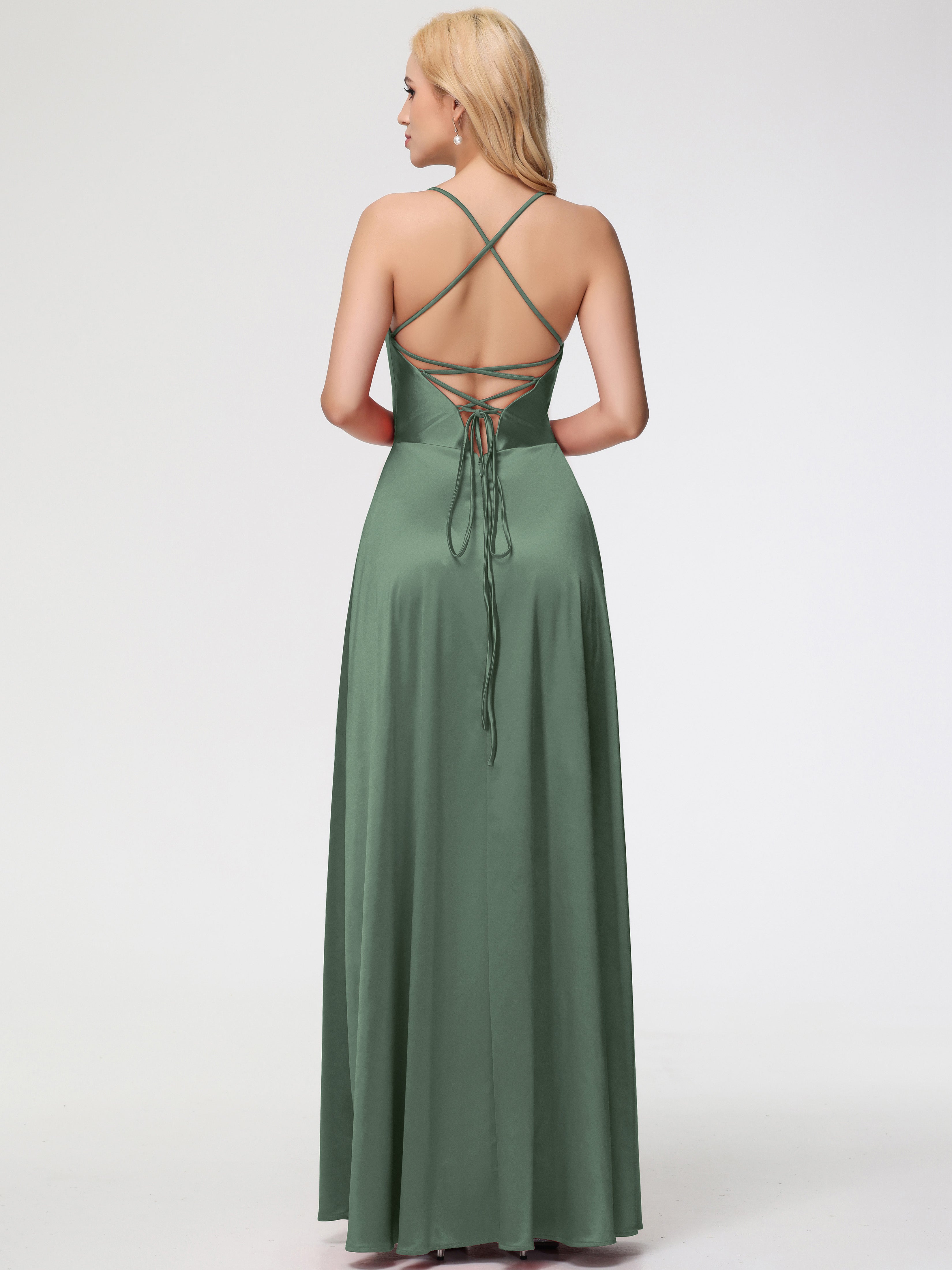 Robes De Demoiselle D'Honneur Olive Col V Bretelles Croisées Satin Extensible Robe De Demoiselle D'Honneur Robe Plissée