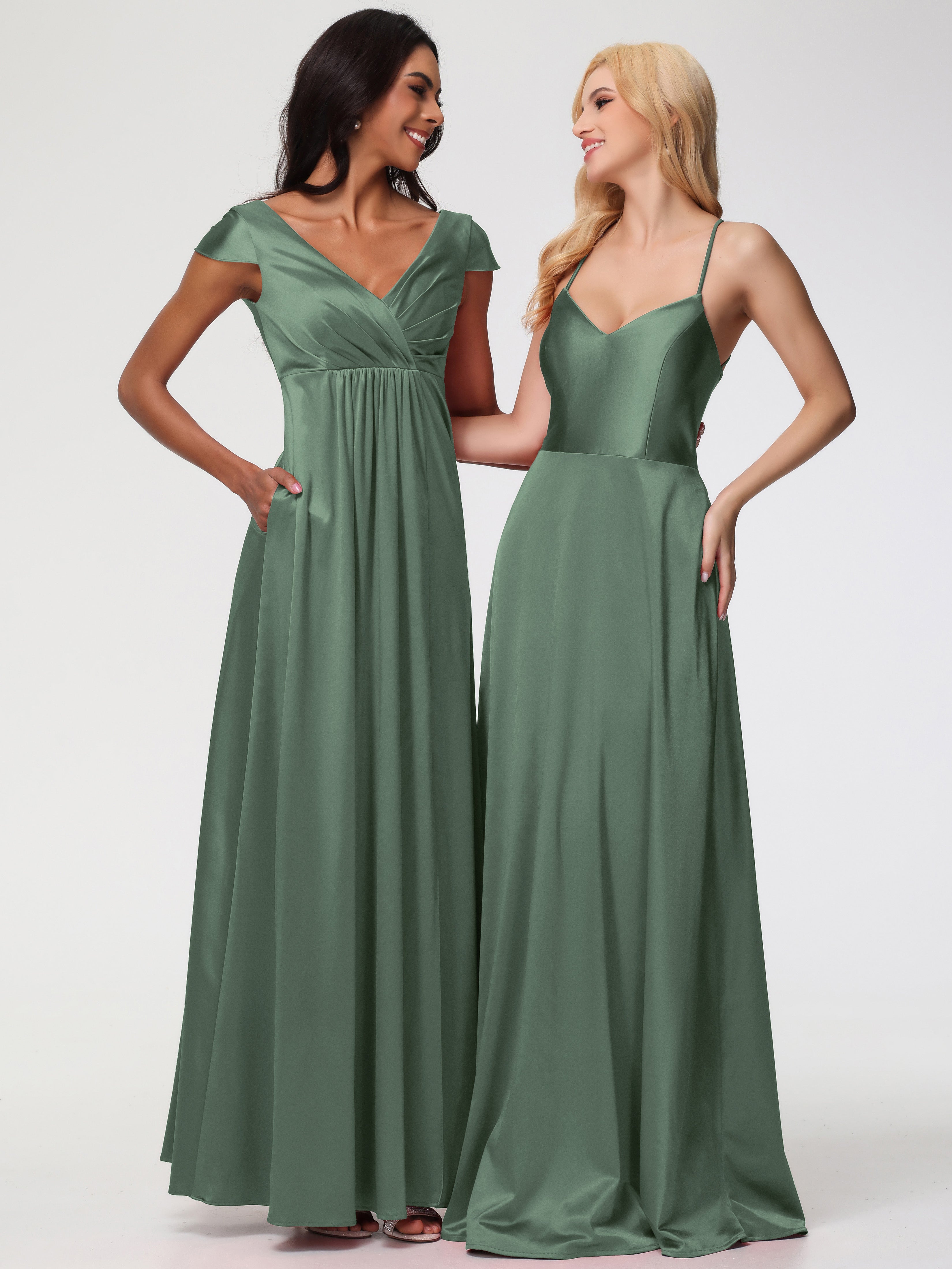 Robes De Demoiselle D'Honneur Olive Col V Bretelles Croisées Satin Extensible Robe De Demoiselle D'Honneur Robe Plissée